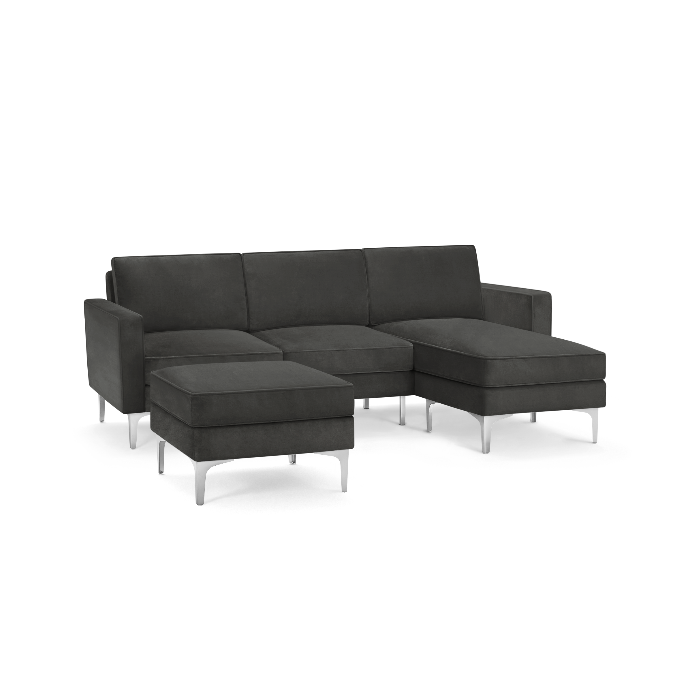 modern dark gray sectional sofa with chaise lounge and matching ottoman, featuring sleek metal legs and sleek design