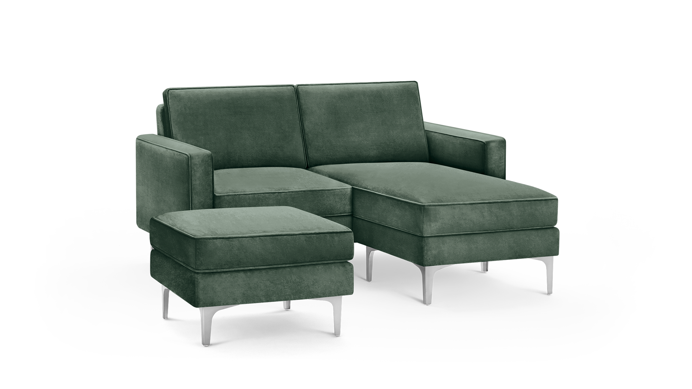 modern green velvet sectional sofa with matching ottoman and matching ottoman, featuring sleek metal legs and a sleek design