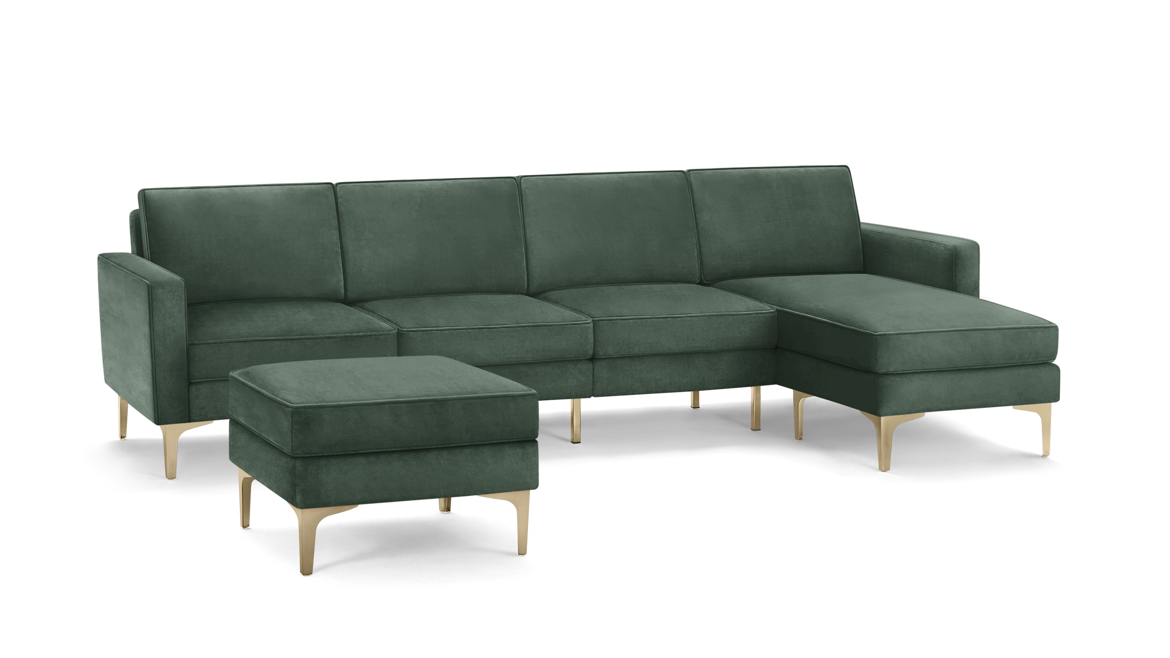 modern green velvet sectional sofa with matching ottoman, featuring tapered wooden legs, and matching cushioned seats