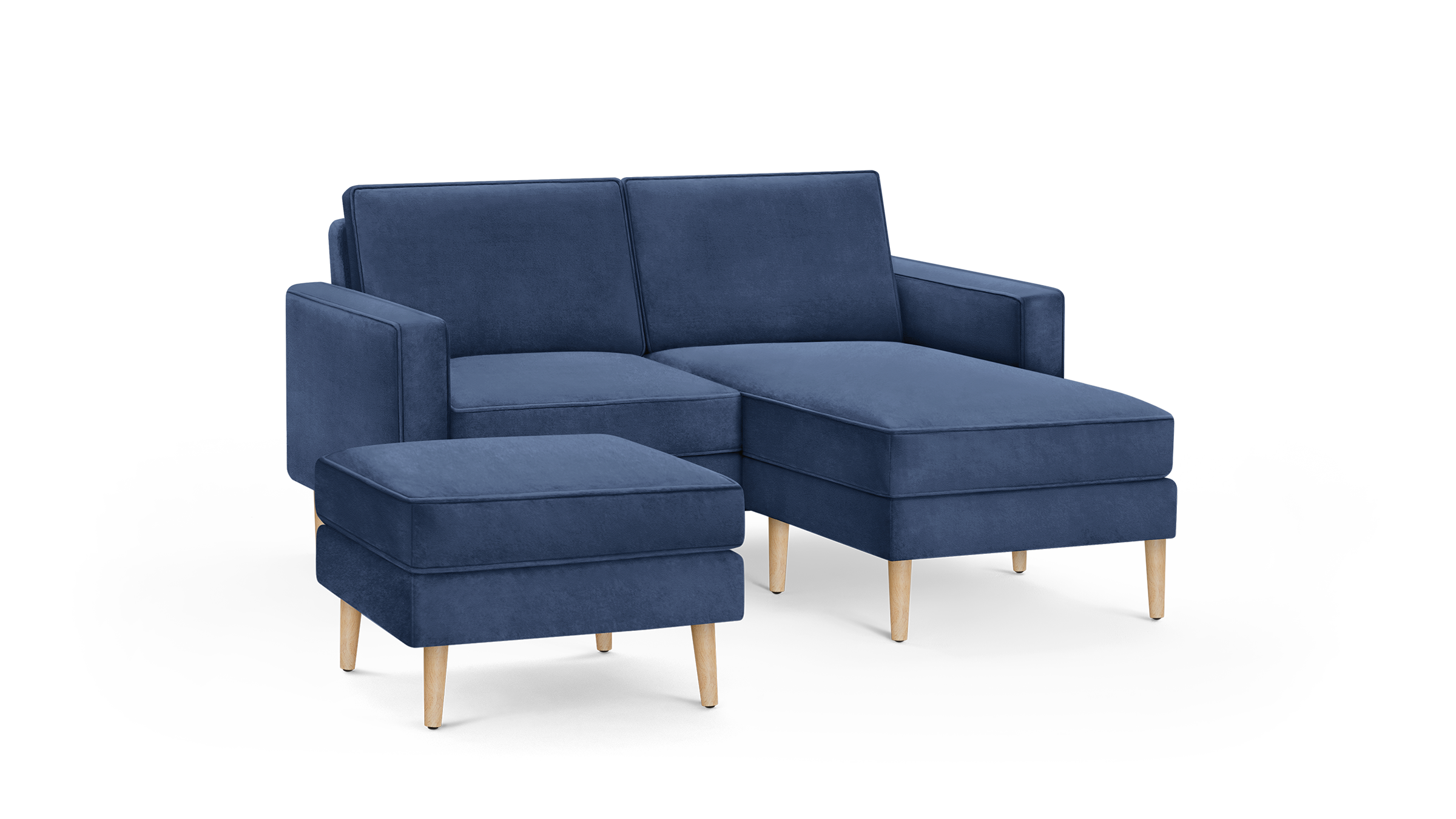 modern navy blue fabric sectional sofa with matching ottoman and wooden legs, featuring a matching ottoman and matching ottoman