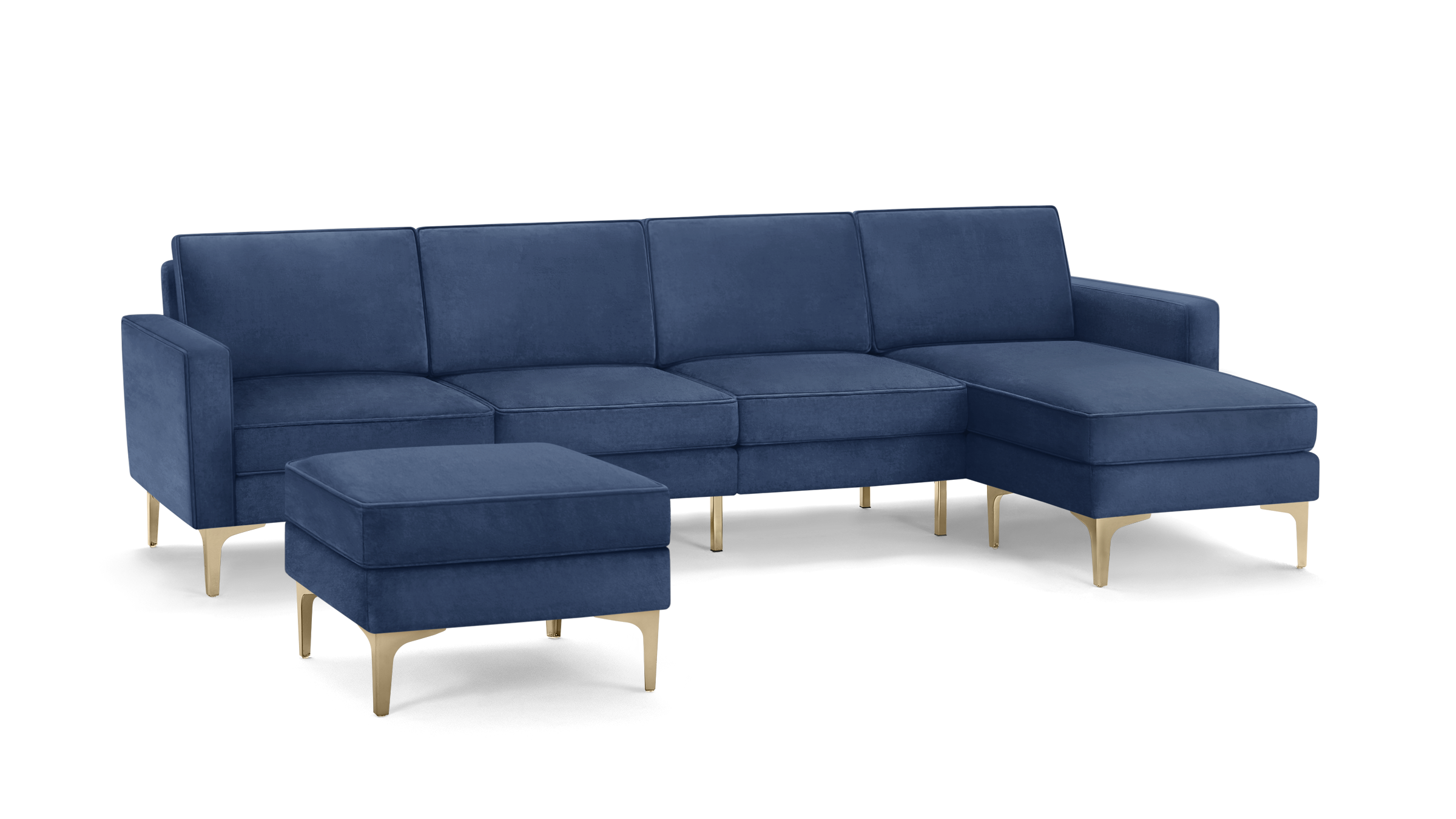 modern navy blue velvet sectional sofa with matching ottoman, gold metal legs, and clean lines on the back, featuring clean lines on the sides