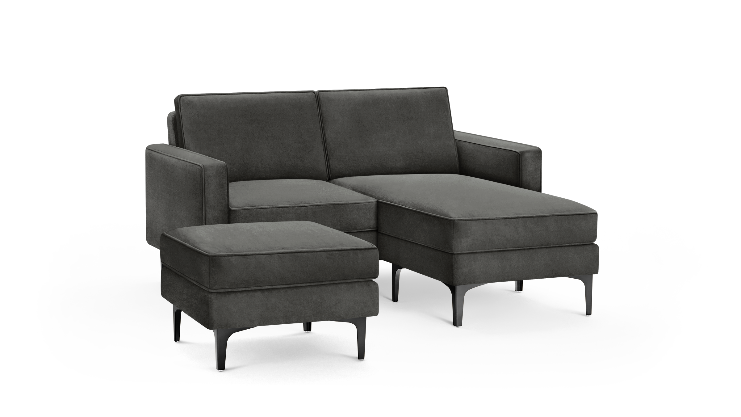 modern dark gray fabric sectional sofa with matching ottoman and matching ottoman, featuring tapered legs and a sleek design