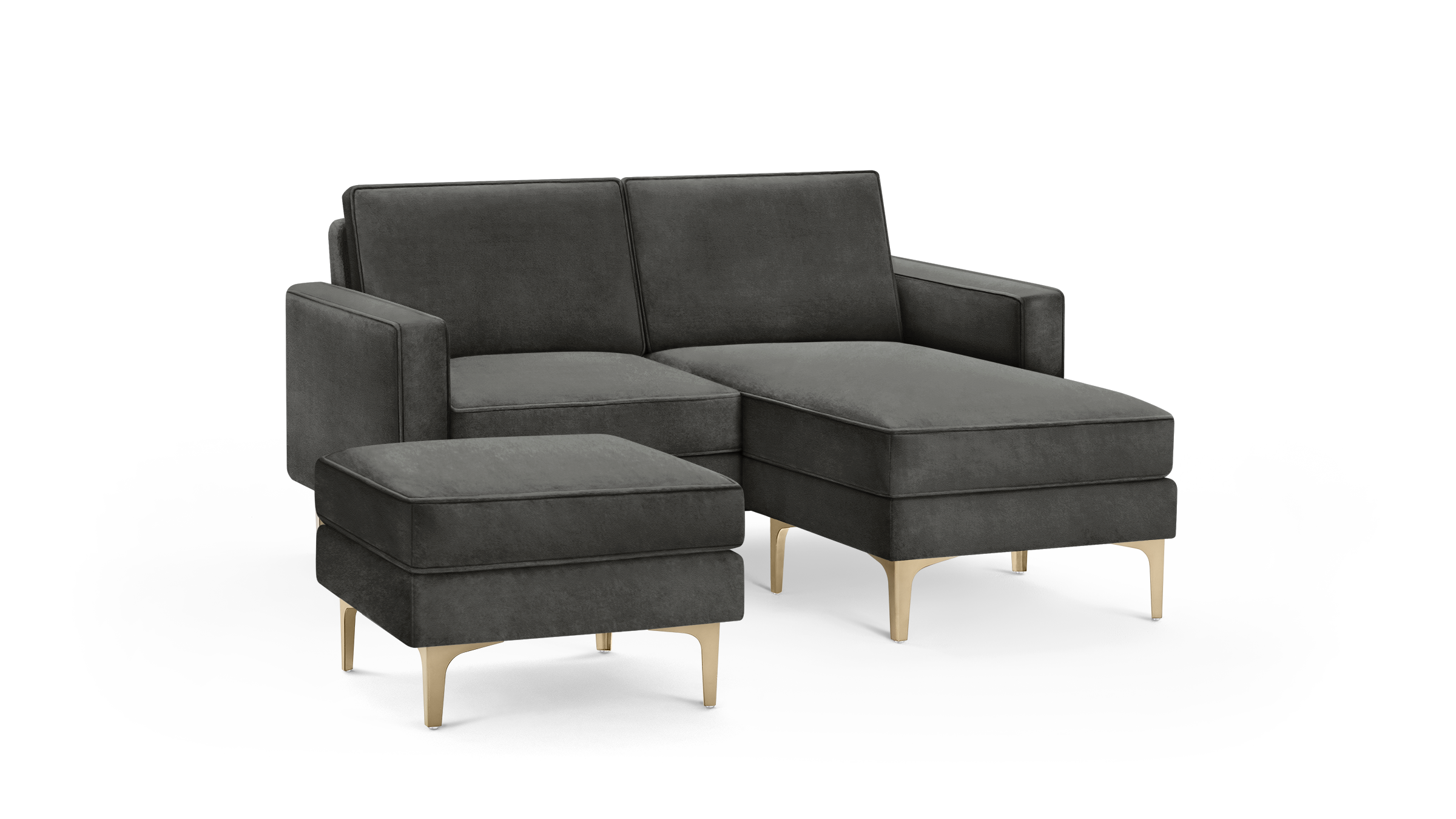 modern dark gray fabric sectional sofa with matching ottoman and matching ottoman, featuring tapered wooden legs, and a sleek design