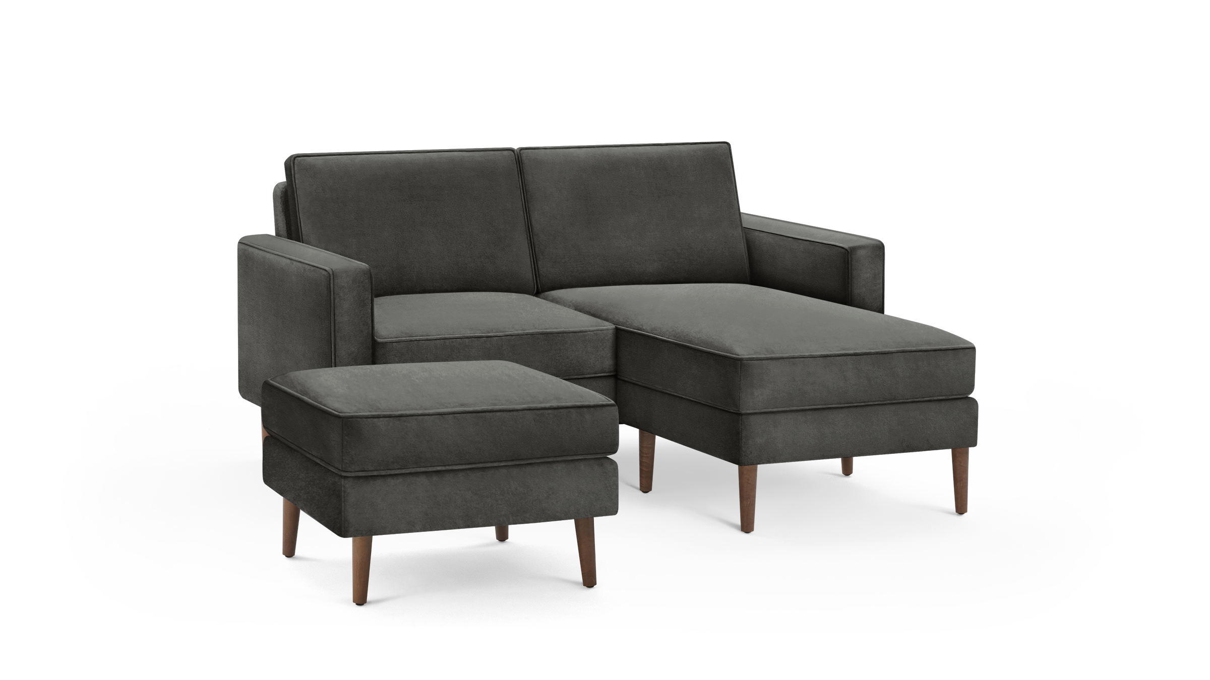 modern gray fabric sectional sofa with matching ottoman and wooden legs, featuring a clean, modern design