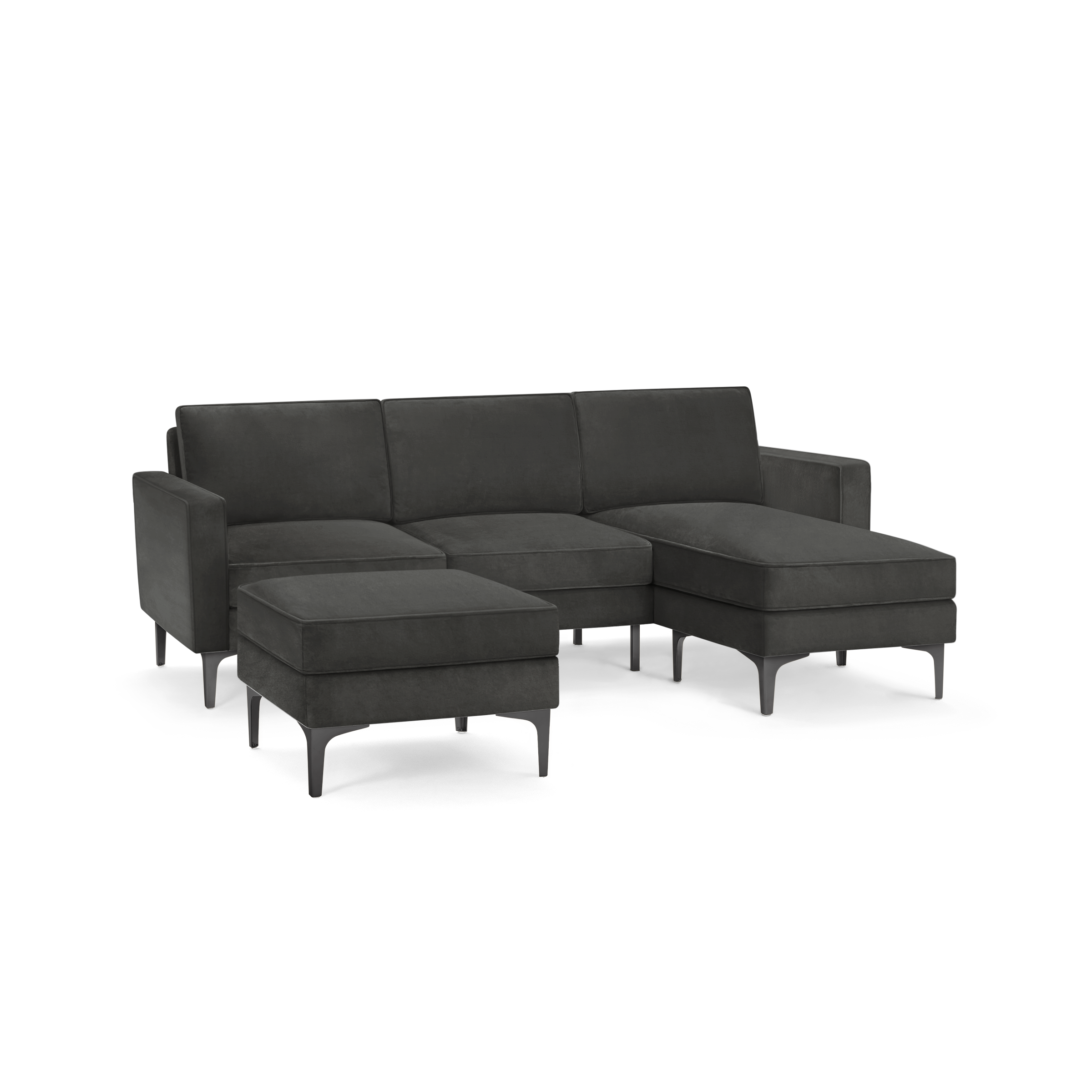 modern dark gray sectional sofa with chaise lounge and matching ottoman, featuring sleek metal legs and sleek design