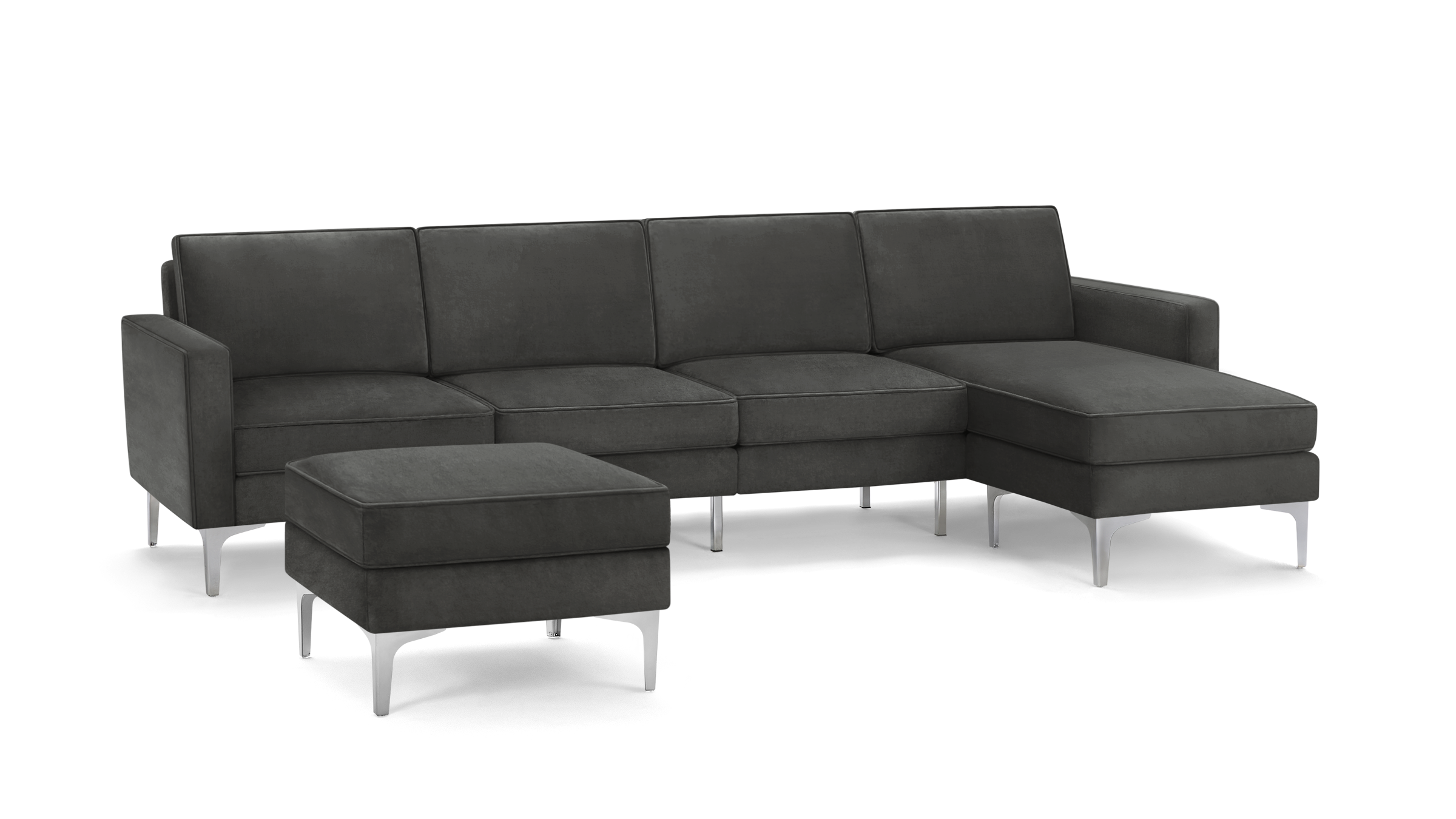 modern dark gray fabric sectional sofa with matching ottoman, featuring sleek metal legs and clean lines on the back