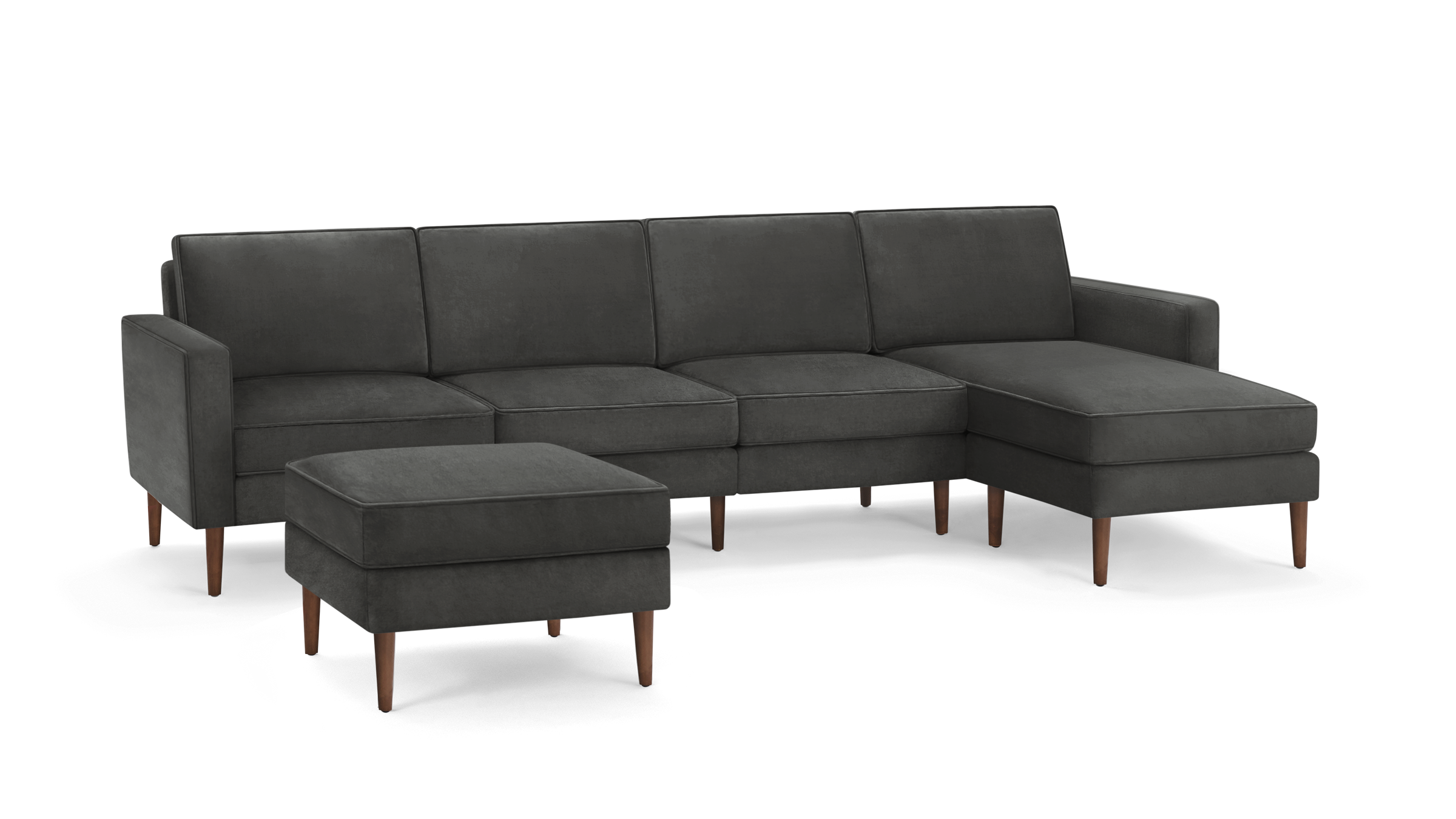 modern dark gray fabric sectional sofa with wooden legs and matching ottoman, featuring clean lines and clean lines on the back