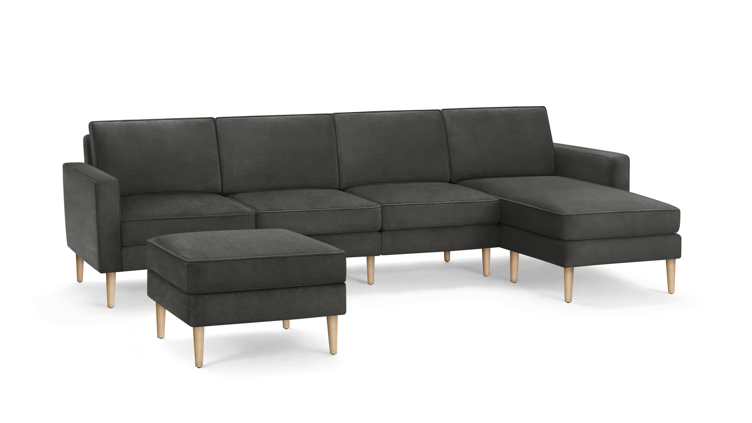 dark gray modern sectional sofa with wooden legs and matching ottoman, featuring clean lines and clean lines on the back