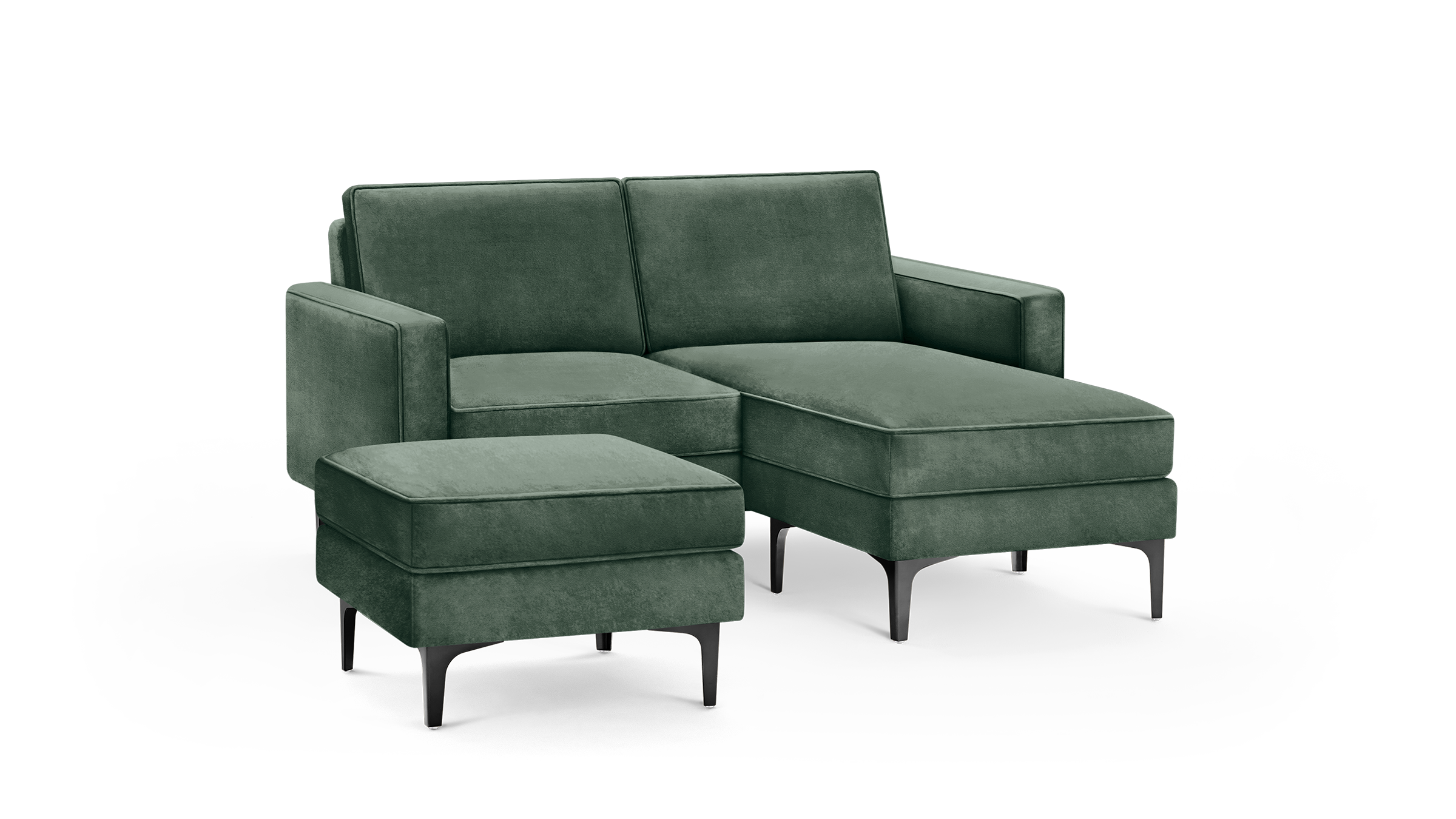 modern green velvet sectional sofa with matching ottoman and matching ottoman, featuring black tapered legs and matching cushioned seat
