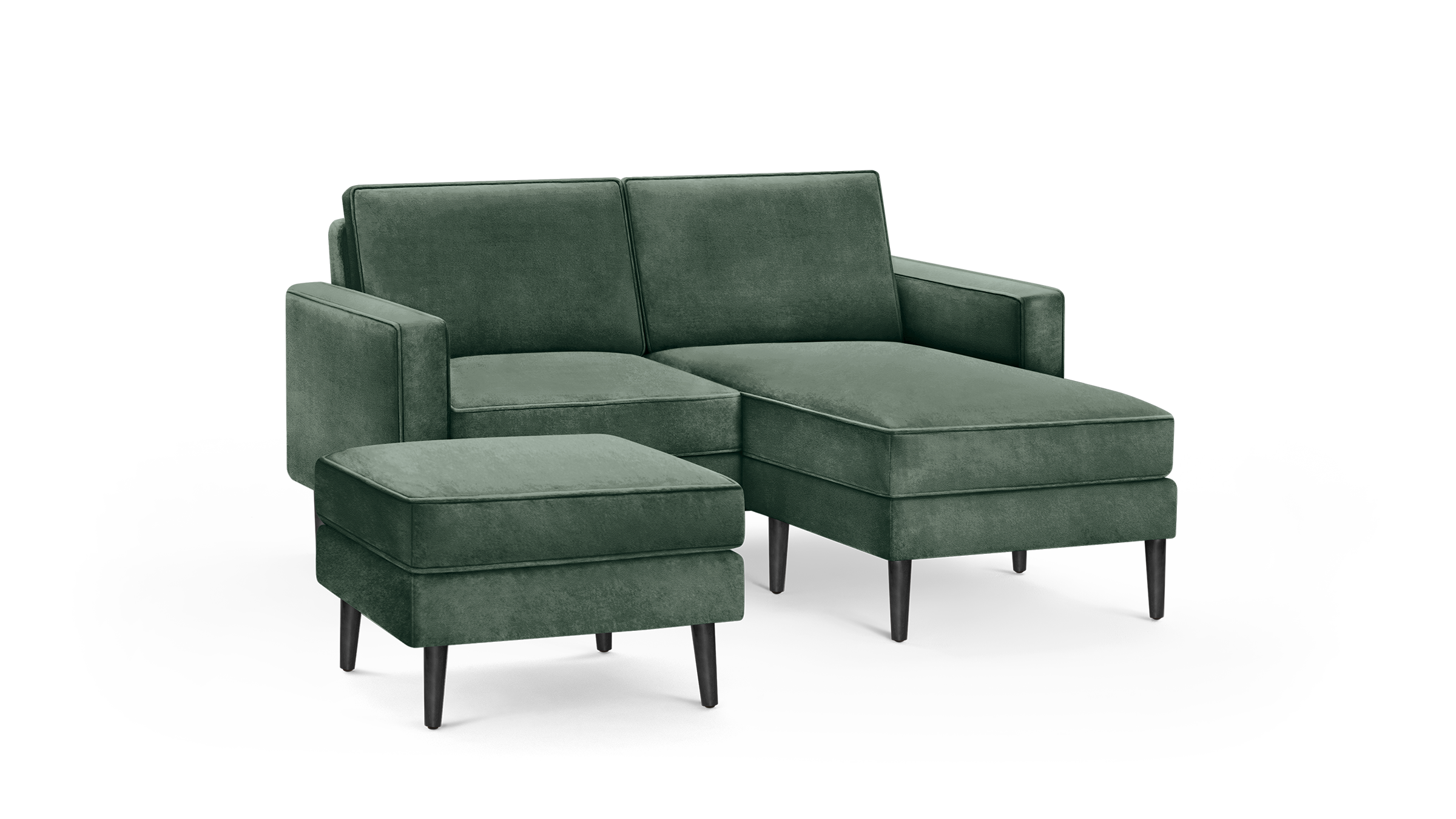 modern green velvet sectional sofa with matching ottoman and matching ottoman, featuring black tapered legs and a matching cushion