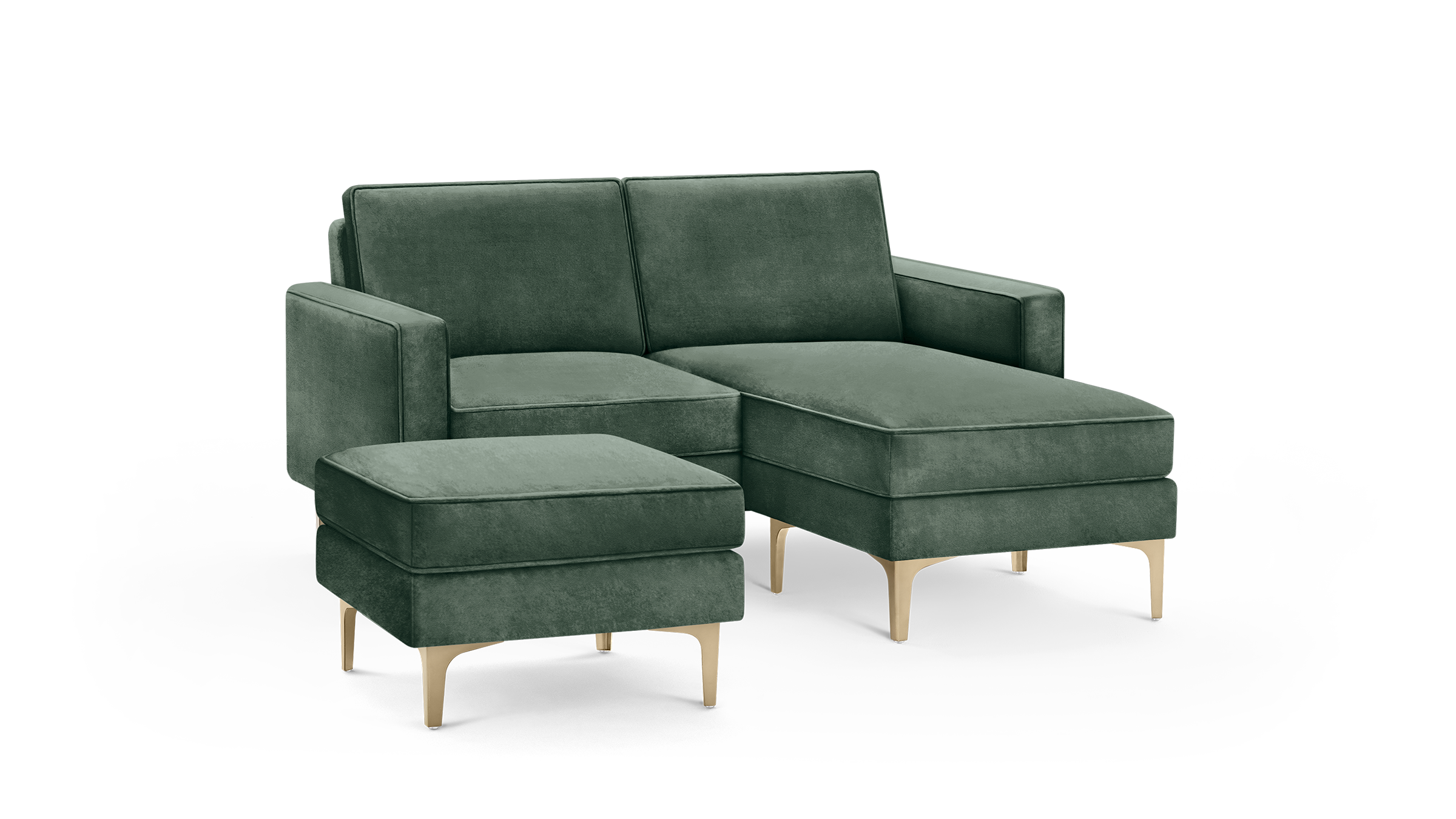 modern green velvet sectional sofa with matching ottoman and matching ottoman, featuring tapered wooden legs and matching cushioned seat