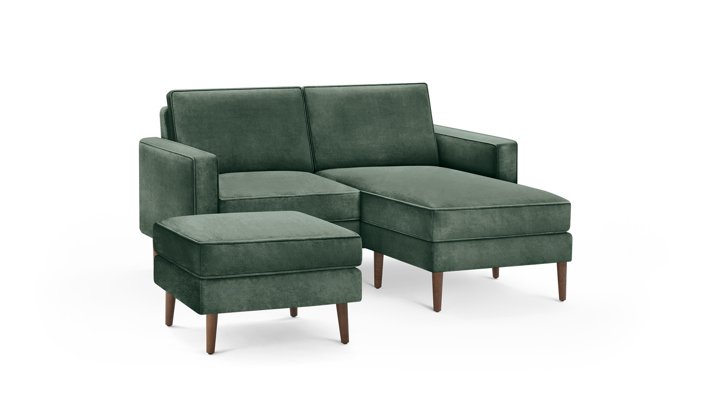 modern green velvet sectional sofa with matching ottoman and matching ottoman, featuring wooden legs and matching cushioned seats