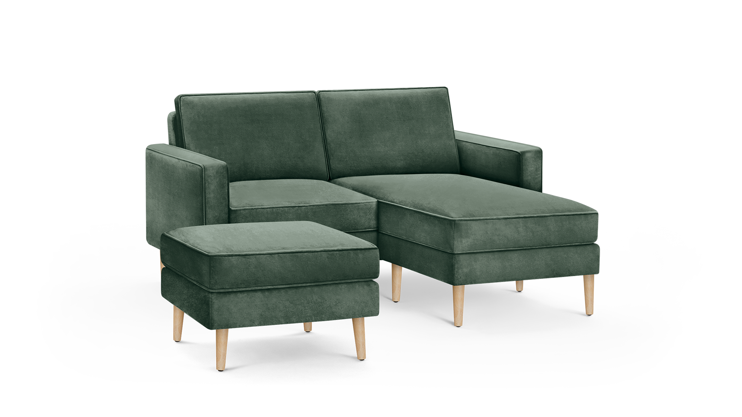 modern green velvet sectional sofa with matching ottoman and wooden legs, featuring a matching ottoman and matching ottoman