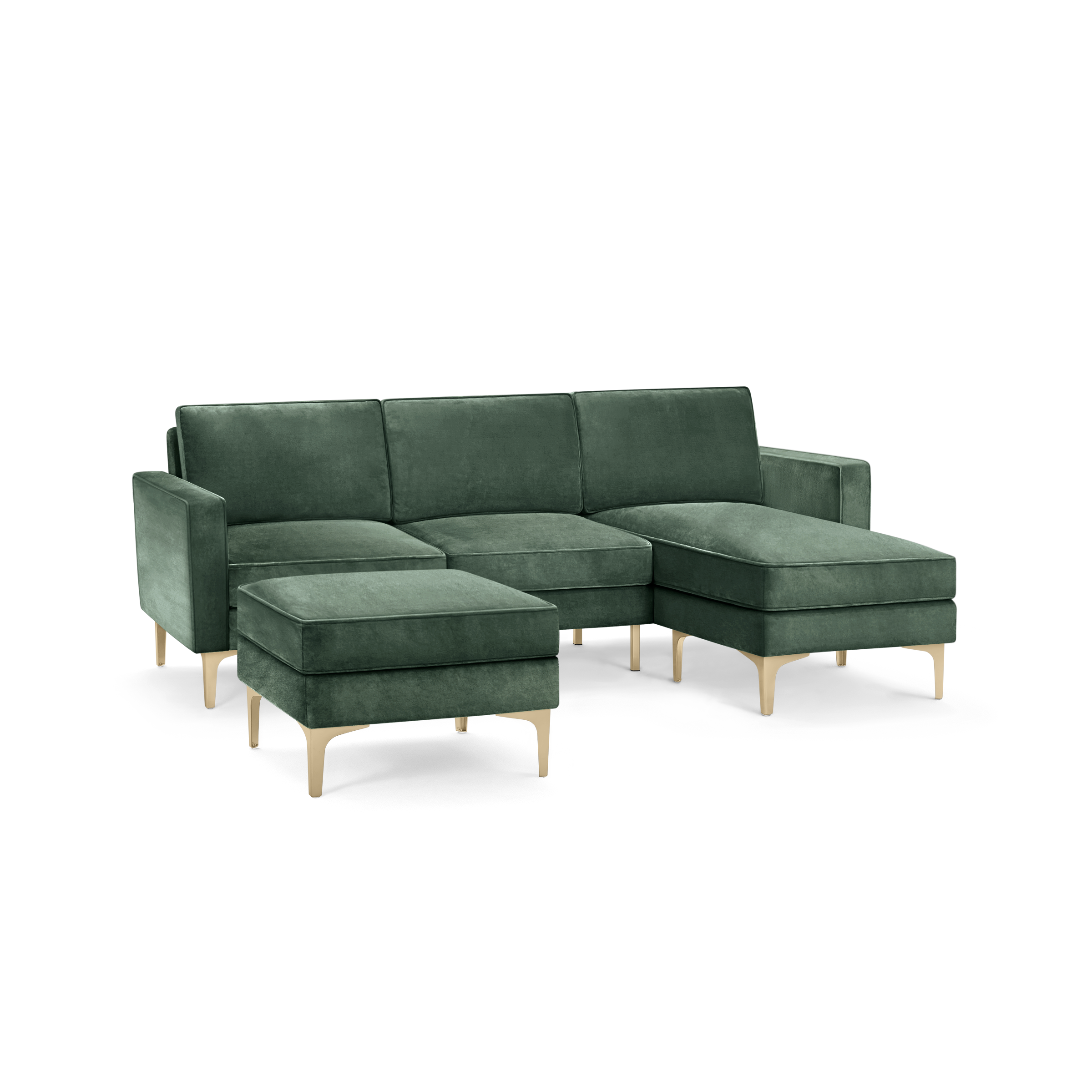 modern green velvet sectional sofa with matching ottoman, featuring tapered wooden legs and matching ottoman, featuring clean lines and clean lines