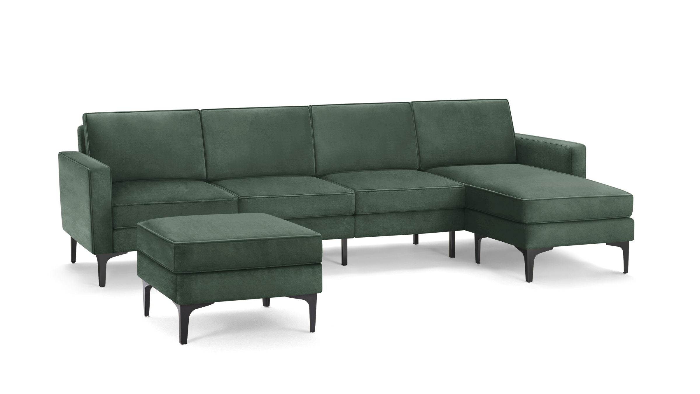 modern green velvet sectional sofa with matching ottoman, featuring sleek black metal legs and sleek clean lines on the back