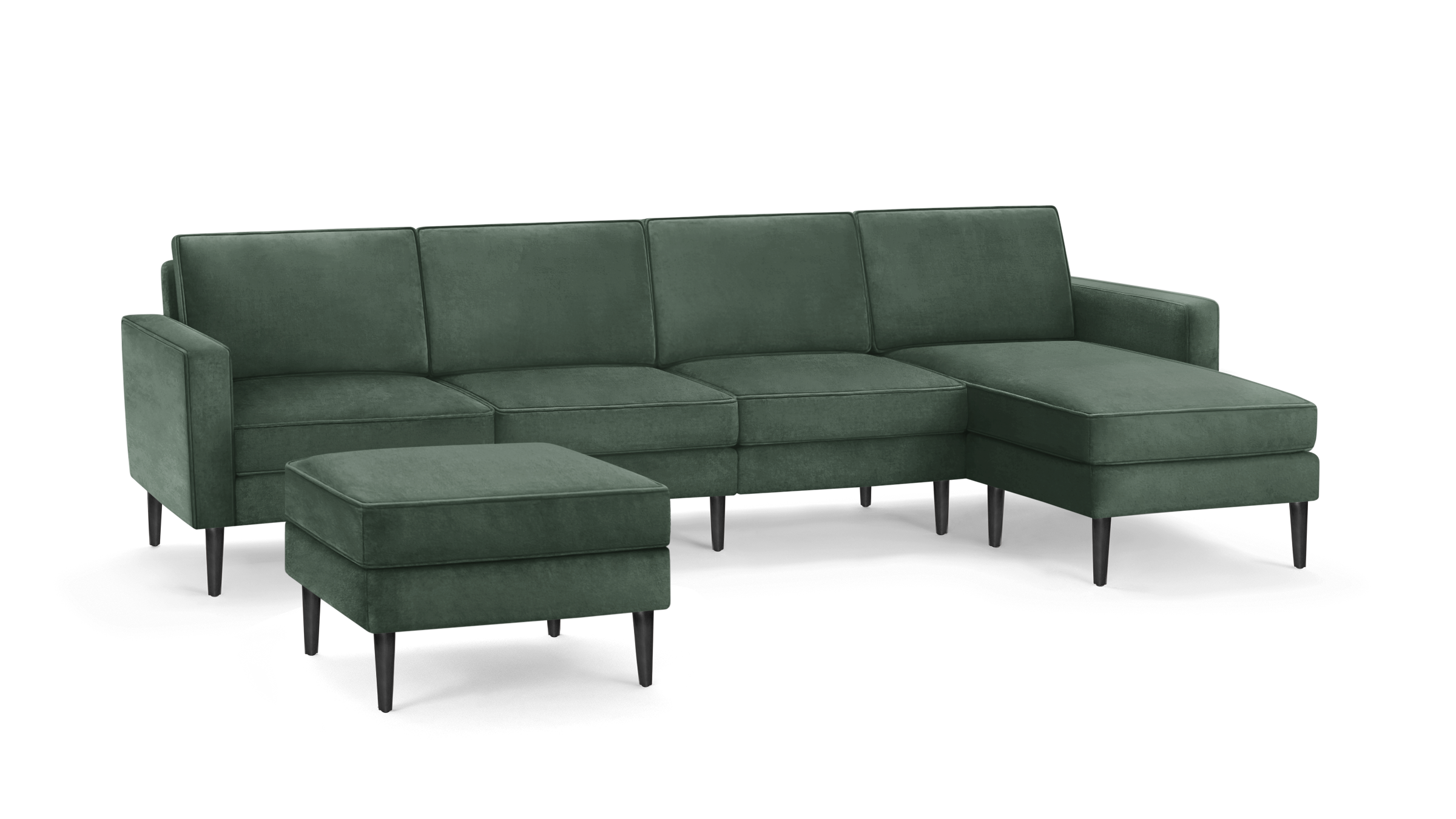 modern green velvet sectional sofa with matching ottoman, featuring sleek black metal legs and sleek clean lines on the back