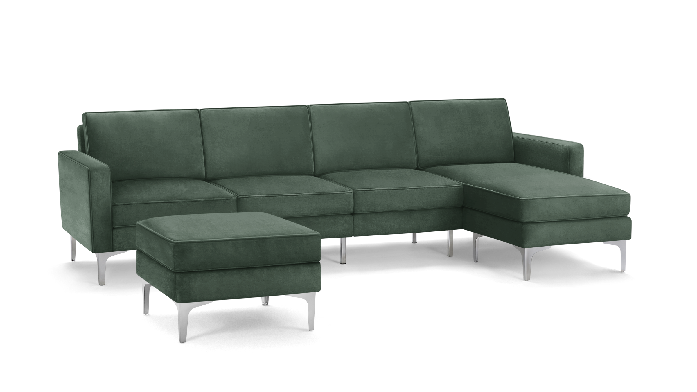 modern green velvet sectional sofa with matching ottoman, featuring sleek metal legs and sleek design on the right side