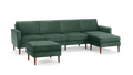 modern green velvet sectional sofa with matching ottoman, featuring wooden legs and matching cushions, featuring a clean, minimalist design