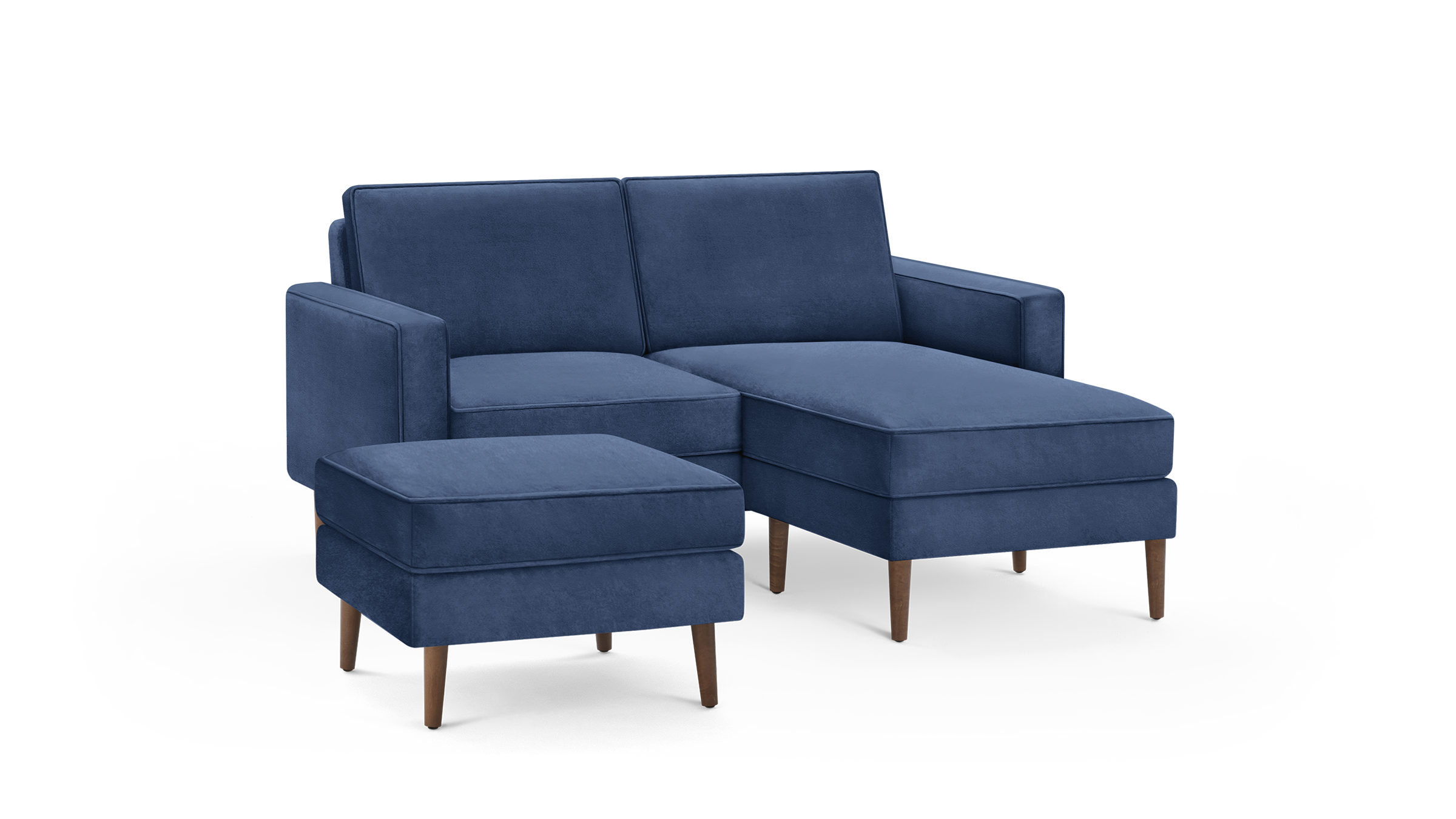 modern navy blue fabric sectional sofa with matching ottoman and wooden legs, featuring a matching ottoman and matching ottoman