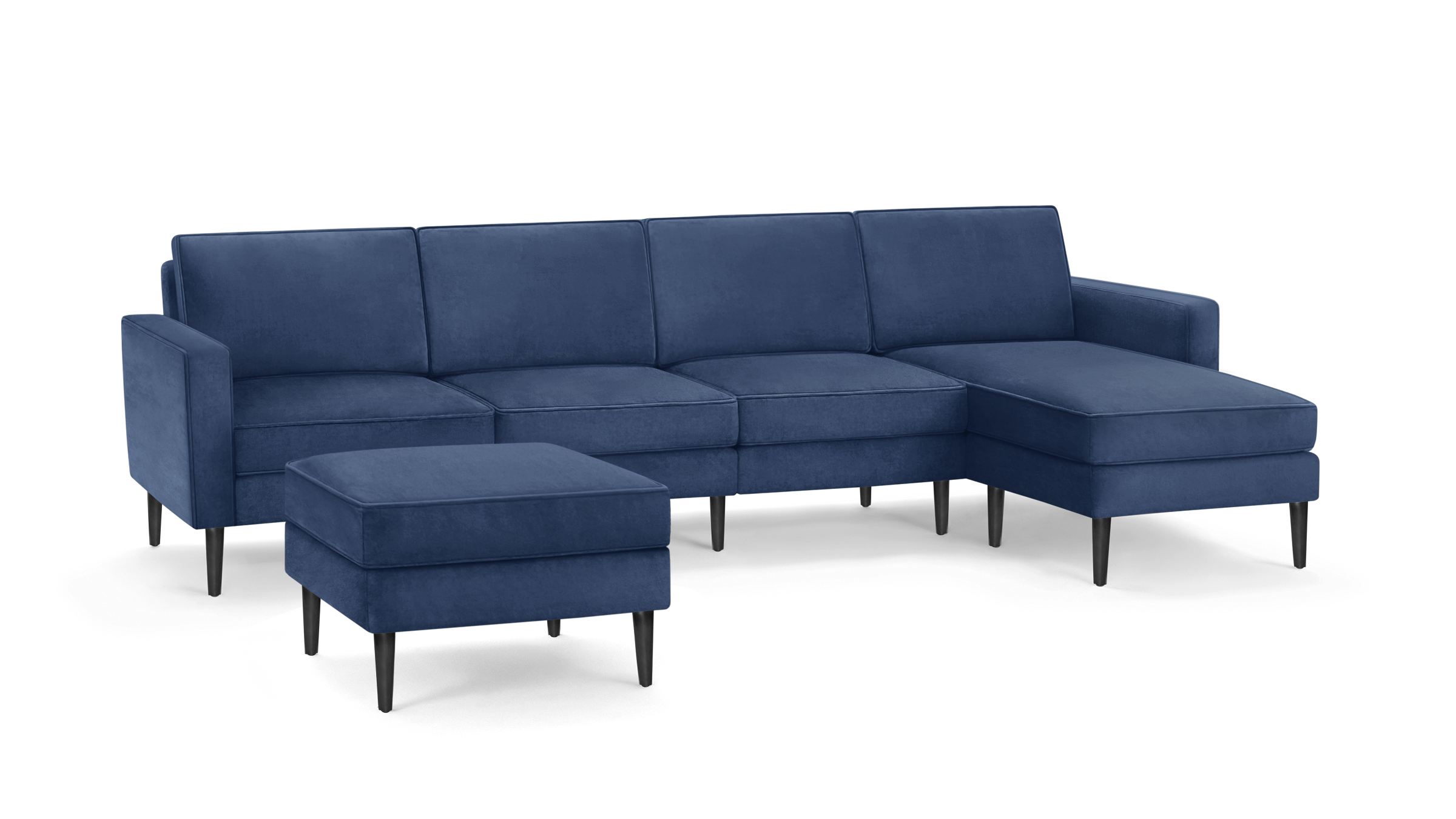 modern navy blue velvet sectional sofa with matching ottoman, featuring sleek black metal legs and clean lines on the back