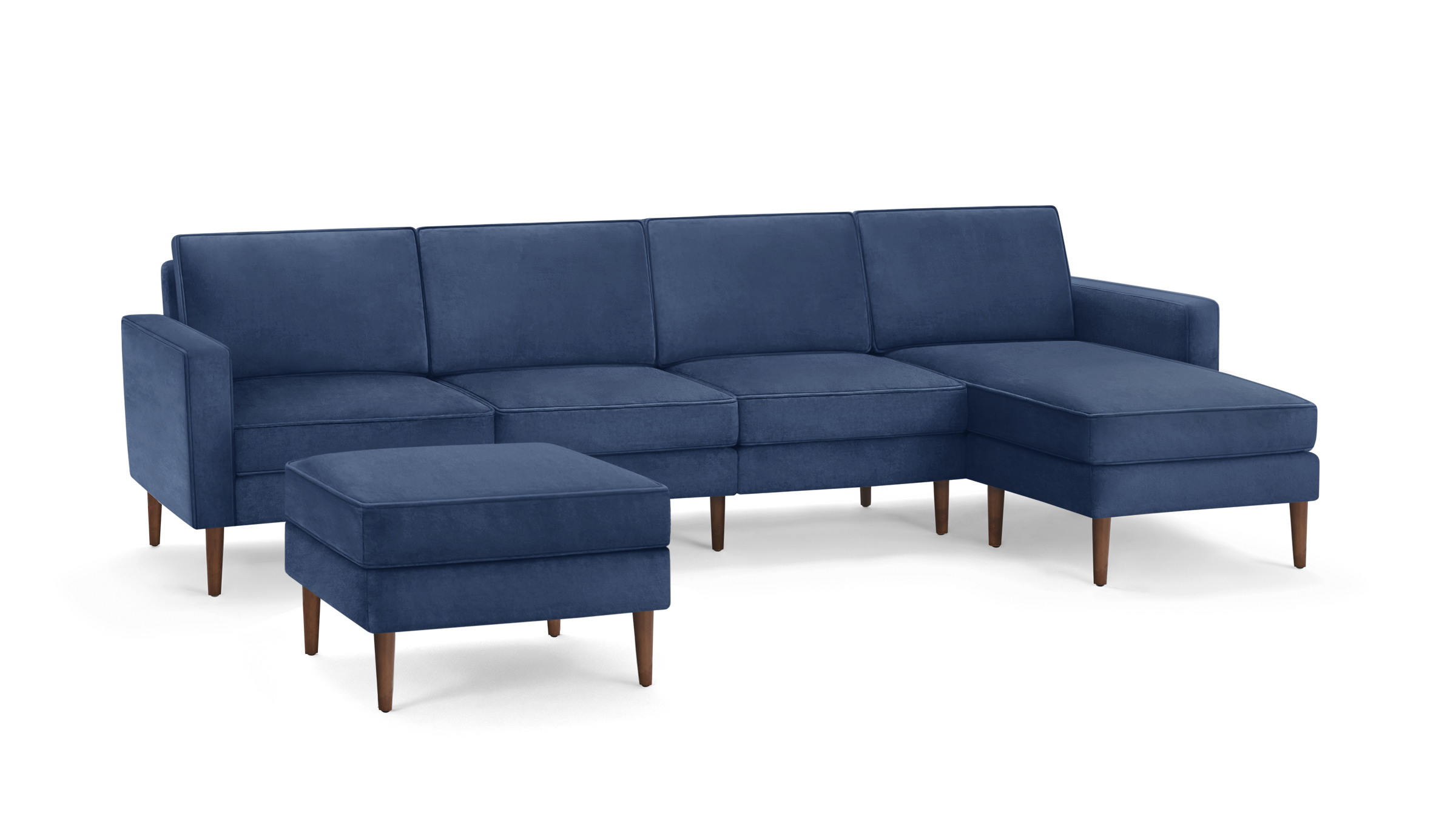 modern navy blue velvet sectional sofa with matching ottoman, featuring wooden legs, and clean lines on the back, featuring clean lines on the arms and
