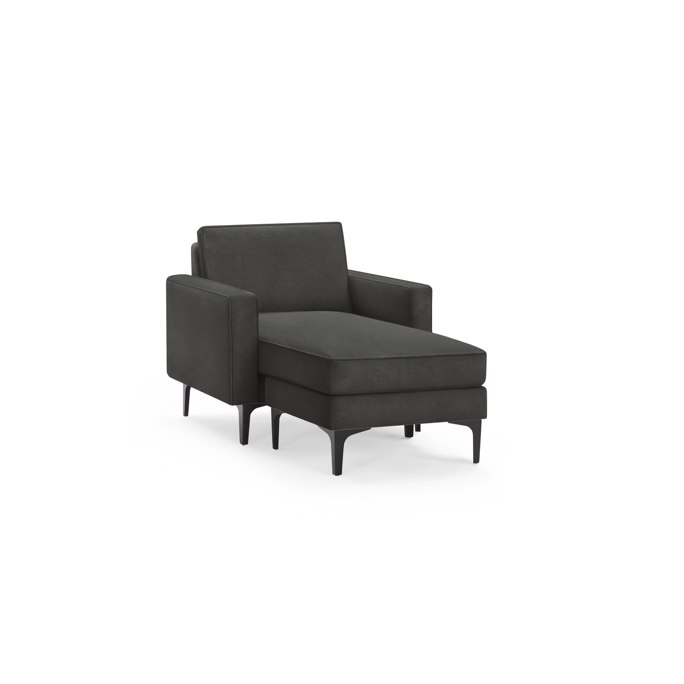 modern dark gray upholstered chaise lounge chair with black legs and sleek backrests, featuring a sleek, modern design