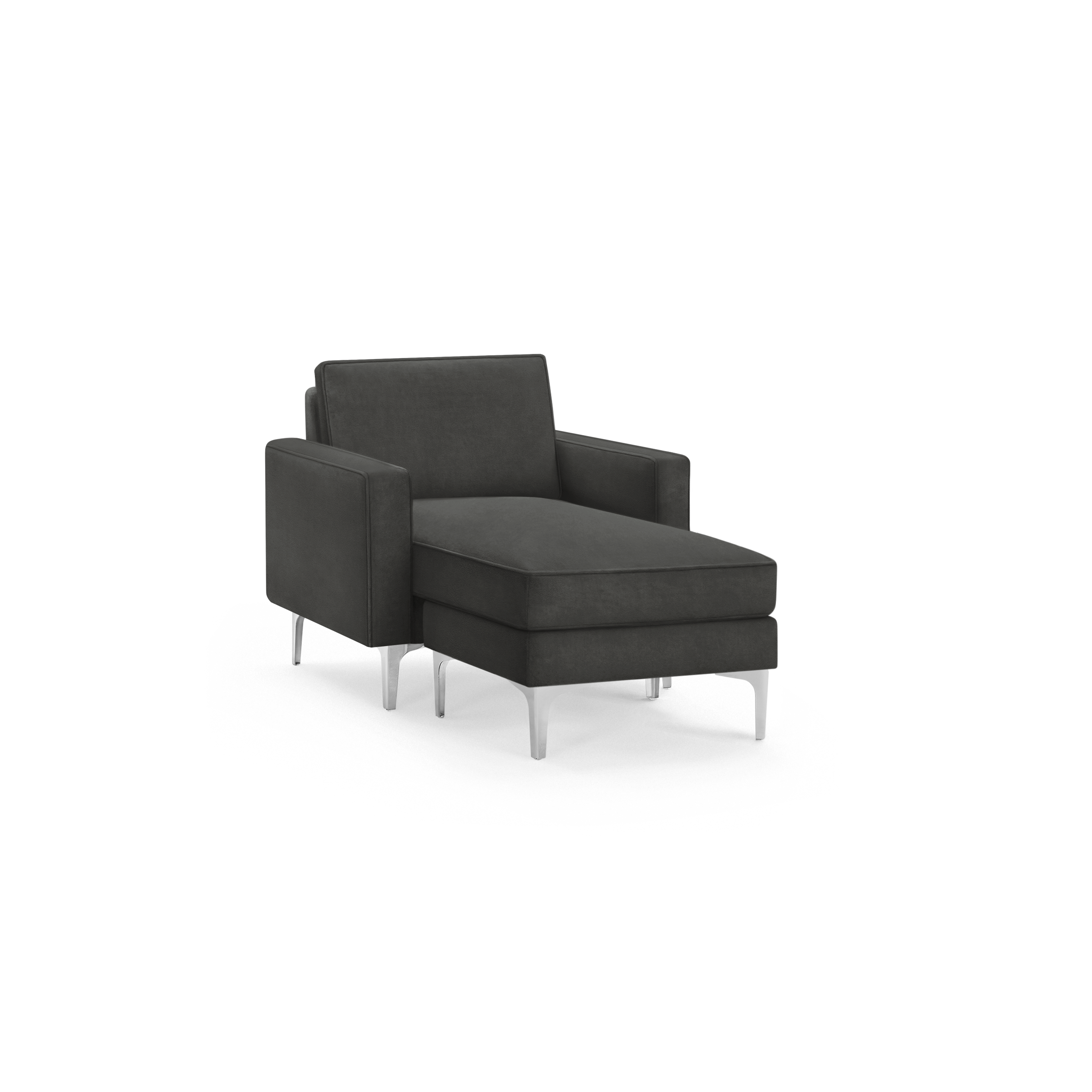modern dark gray upholstered chaise lounge chair with sleek metal legs and sleek black fabric upholstered backrest