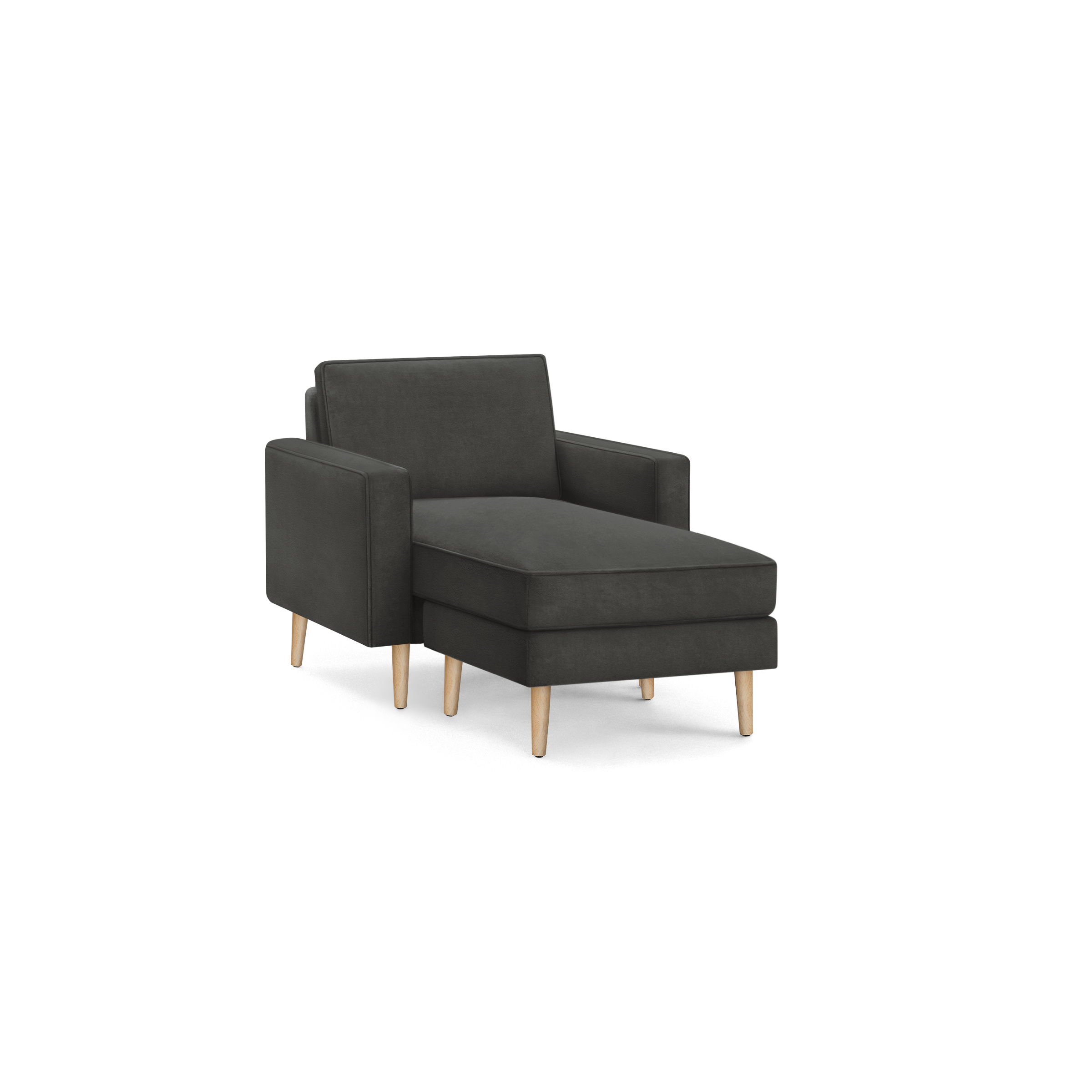 modern dark gray upholstered chaise lounge chair with wooden legs and a sleek backrest, featuring a sleek, modern design