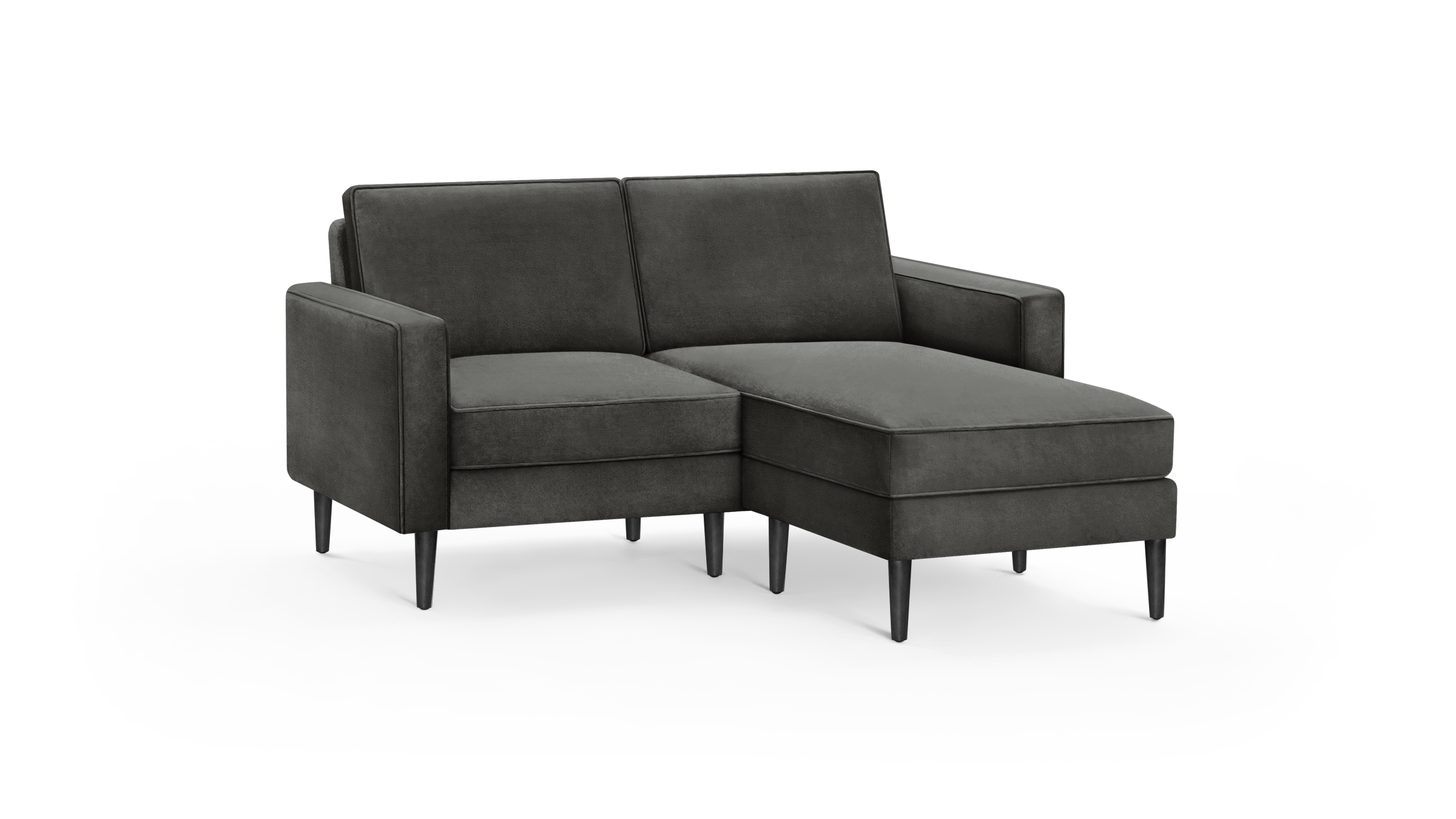 modern dark gray fabric sectional sofa with matching ottoman, featuring tapered legs and a sleek backrest