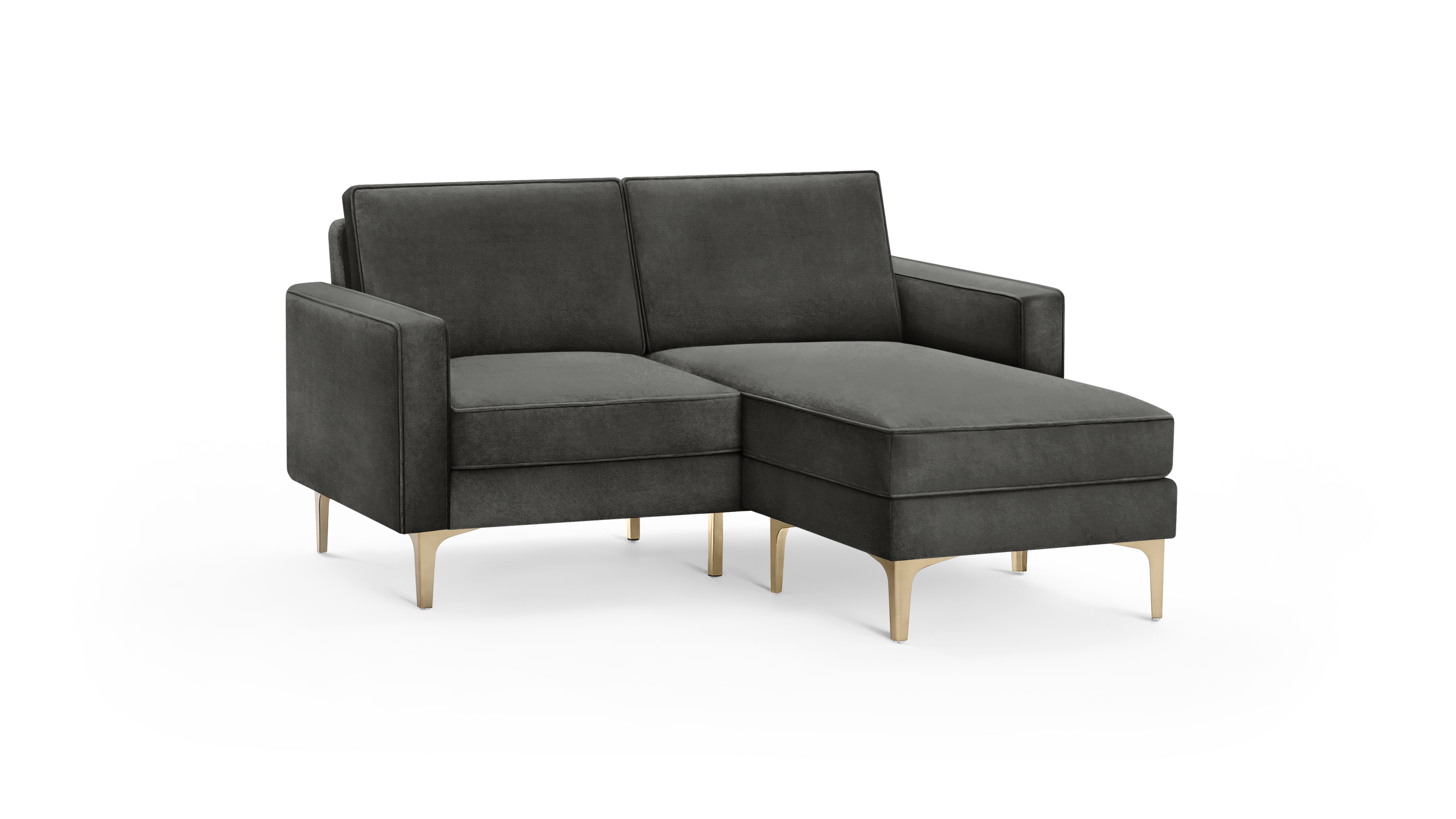 modern dark gray velvet sectional sofa with matching ottoman, featuring tapered wooden legs and a clean, modern design