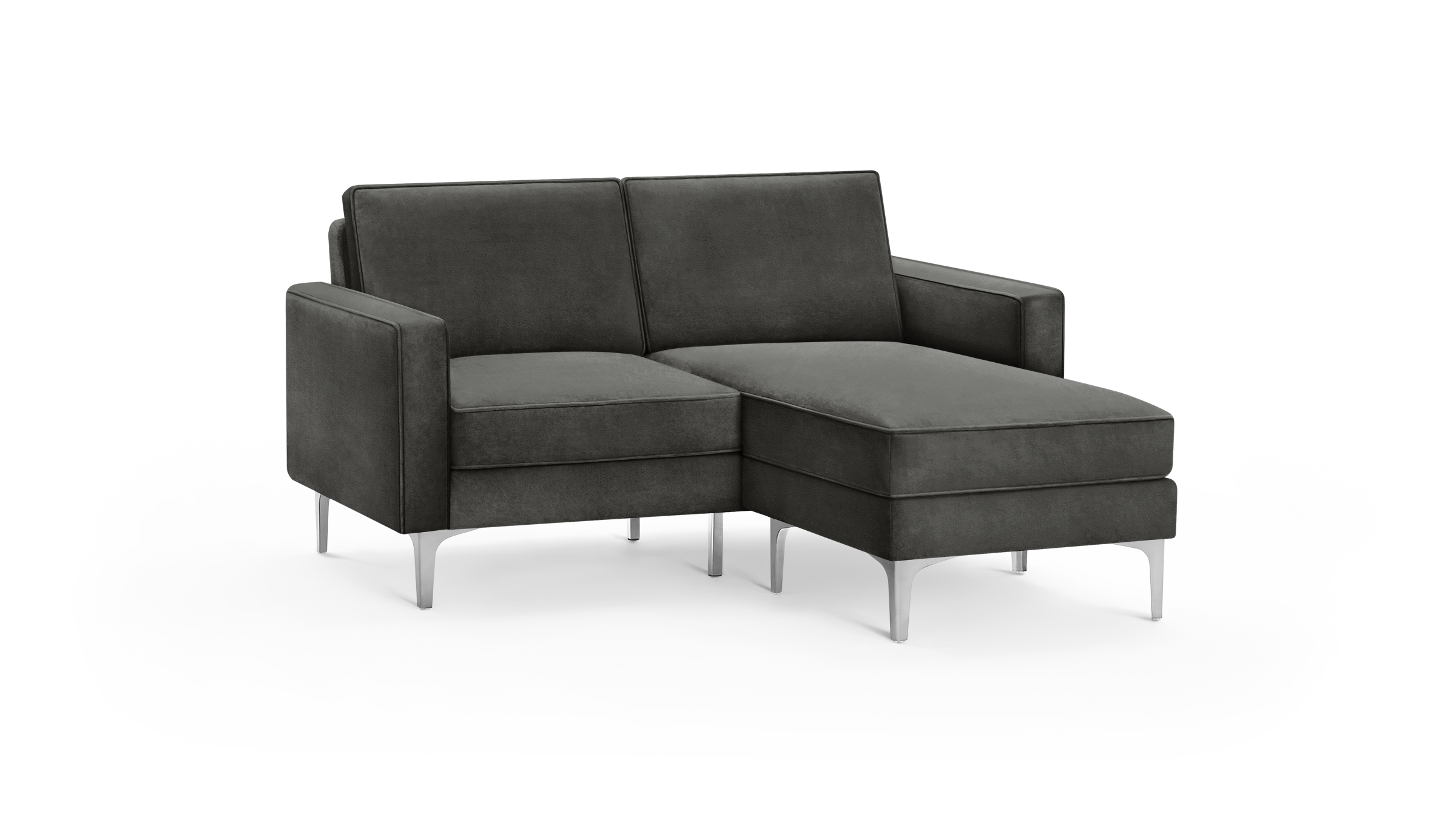 modern dark gray fabric sectional sofa with matching ottoman, featuring sleek metal legs and a sleek design