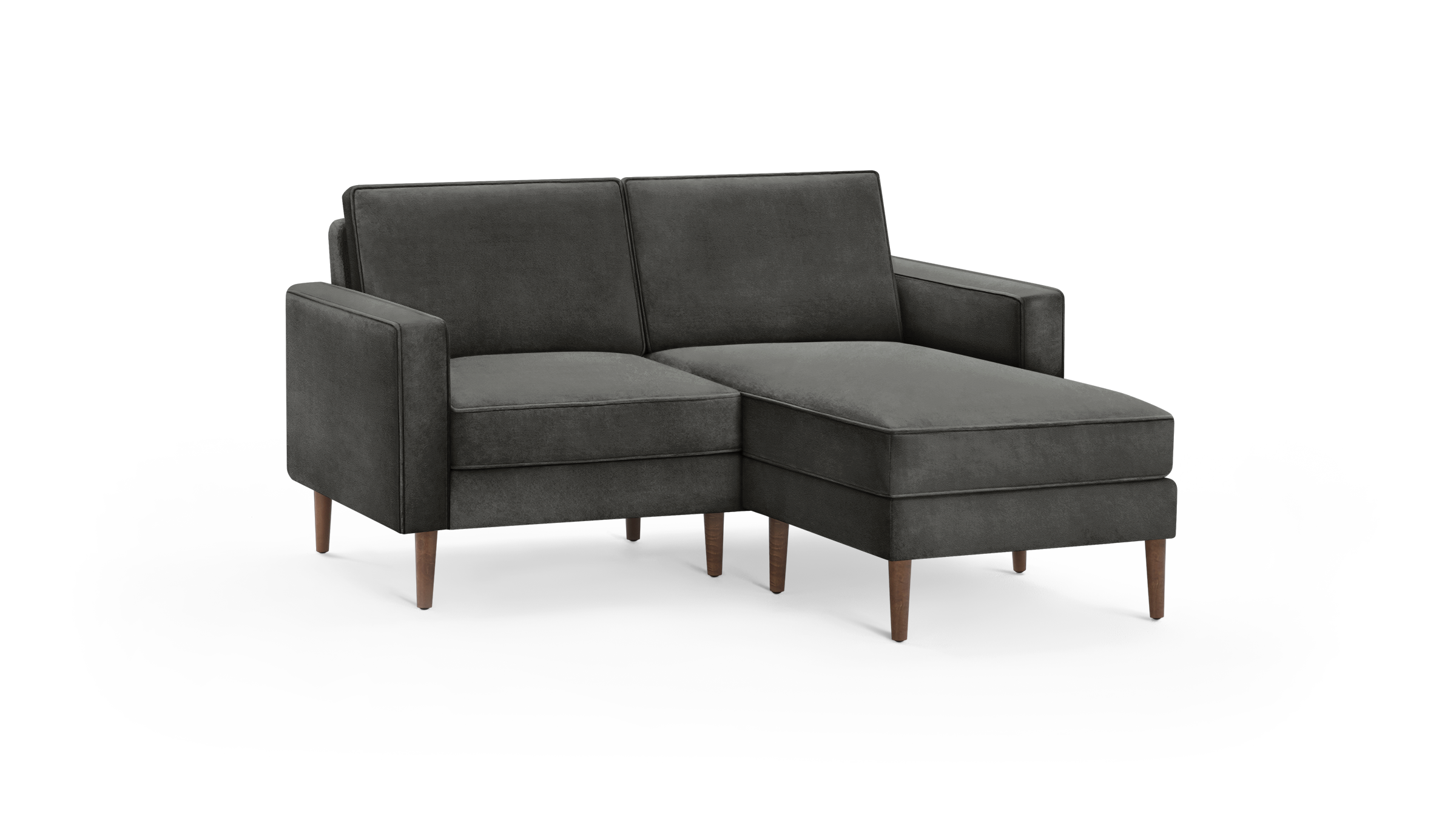 modern dark gray fabric sectional sofa with wooden legs and matching ottoman, featuring a clean, modern design