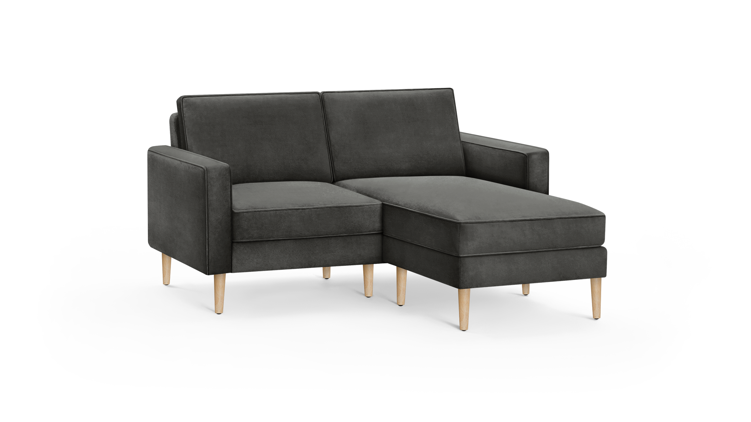 modern dark gray fabric sectional sofa with wooden legs and matching ottoman, featuring a clean, minimalist design
