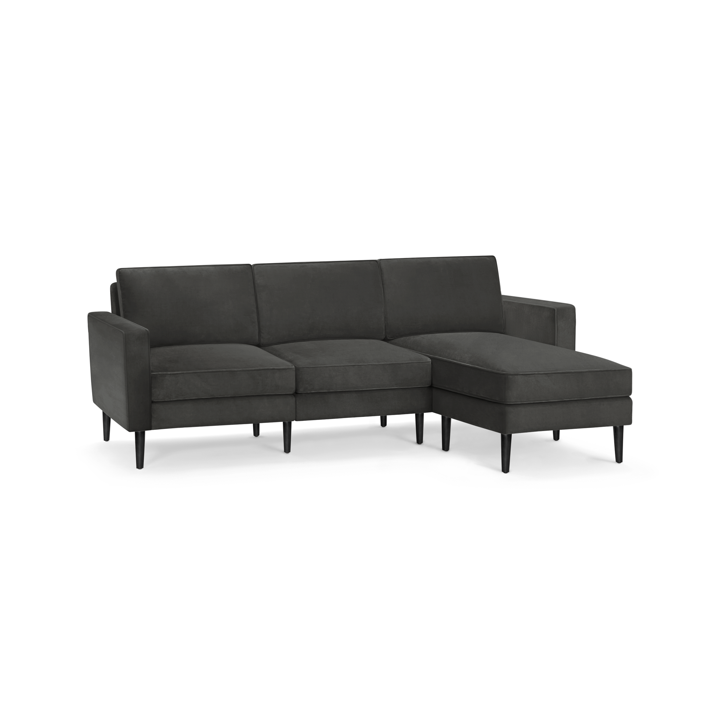 modern l - shaped sectional sofa with dark gray fabric upholstery, tapered legs, and sleek design detailing