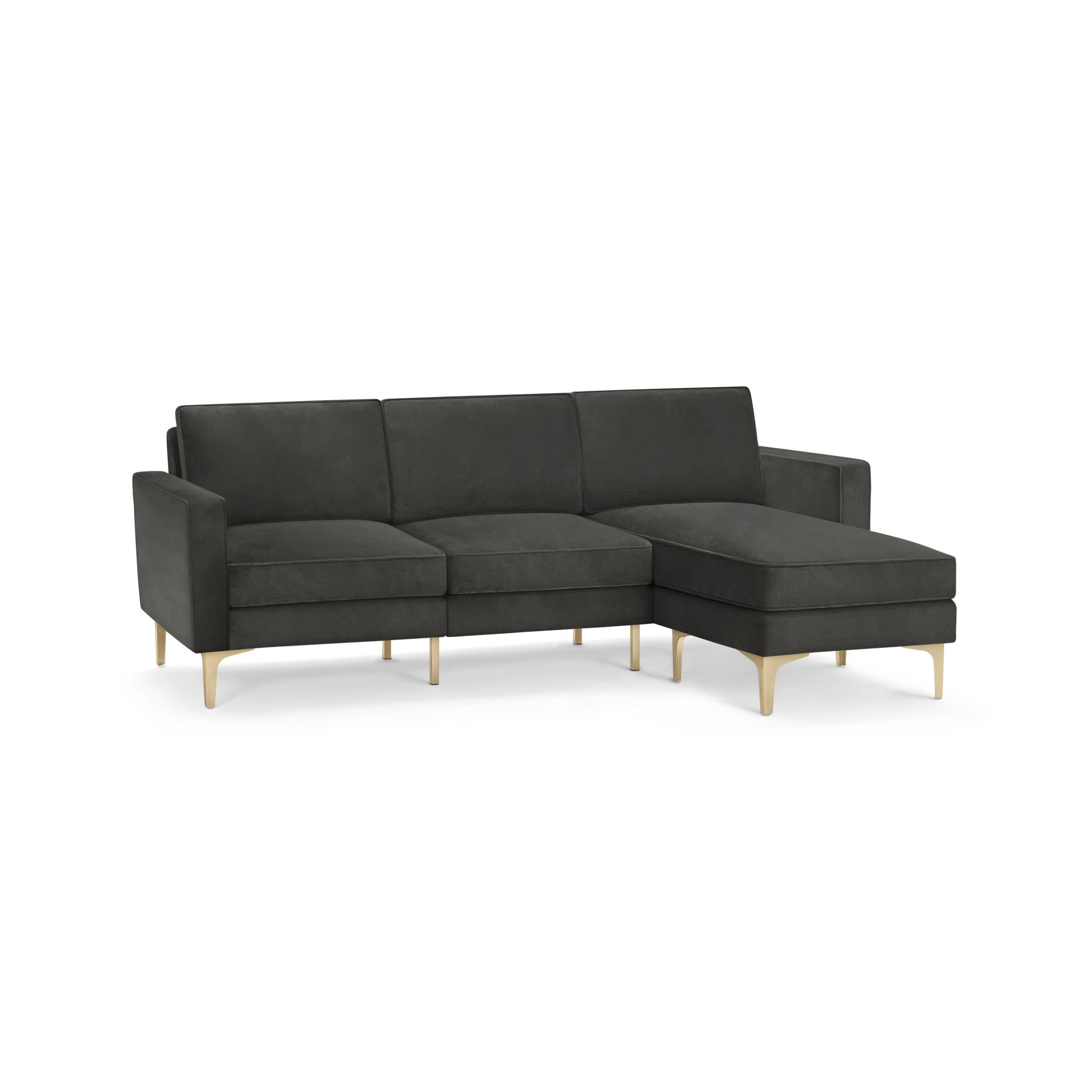 modern dark gray sectional sofa with wooden legs and clean lines on the back, featuring a chaise lounge and matching ottoman