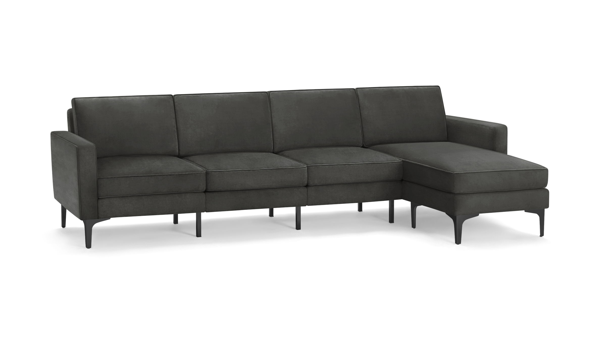 modern dark gray fabric sectional sofa with matching ottoman, featuring tapered backrests, and tapered black metal legs