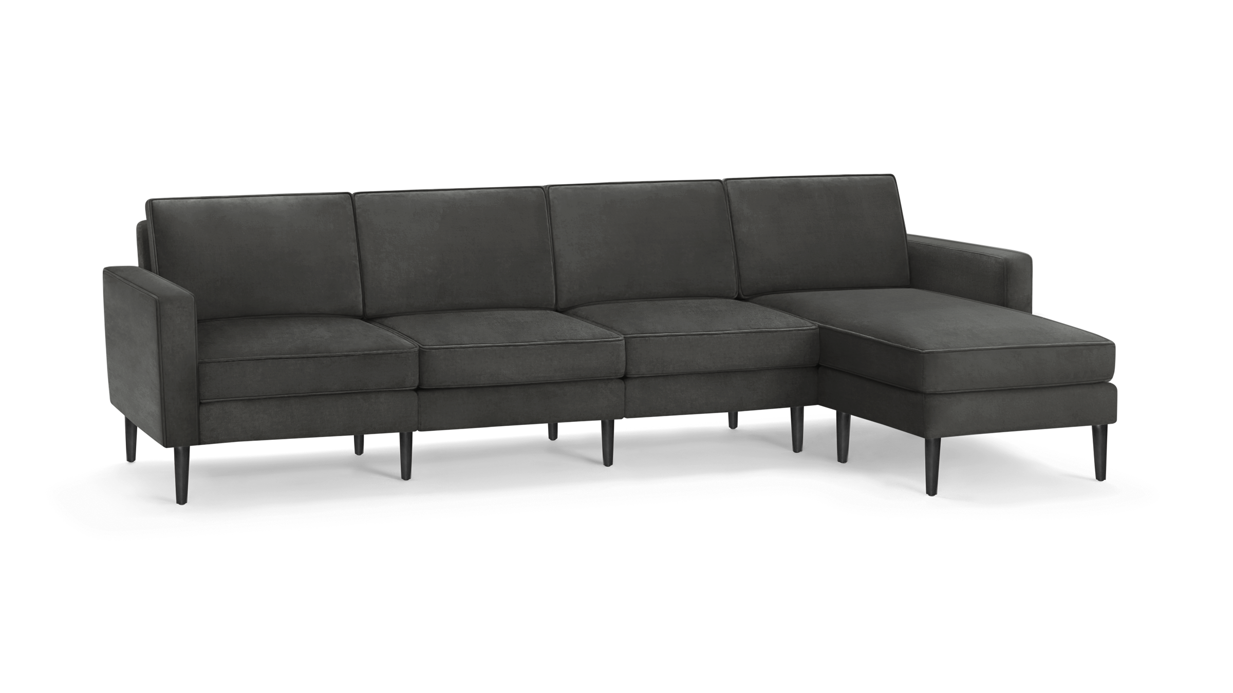 modern dark gray fabric sectional sofa with matching ottoman, featuring tapered wooden legs and clean lines on the back
