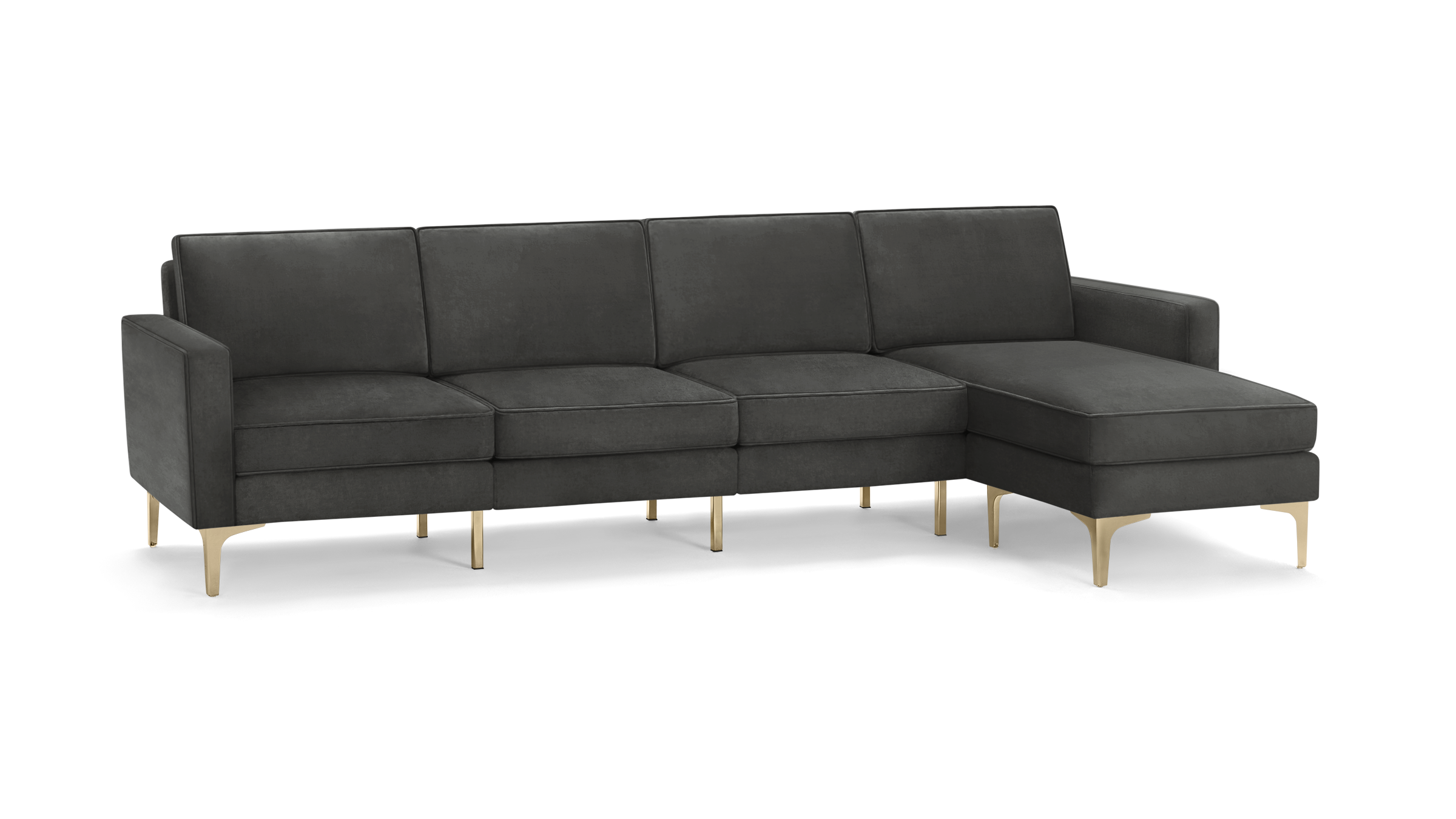 modern dark gray fabric sectional sofa with matching ottoman, featuring tapered wooden legs and clean lines on the back