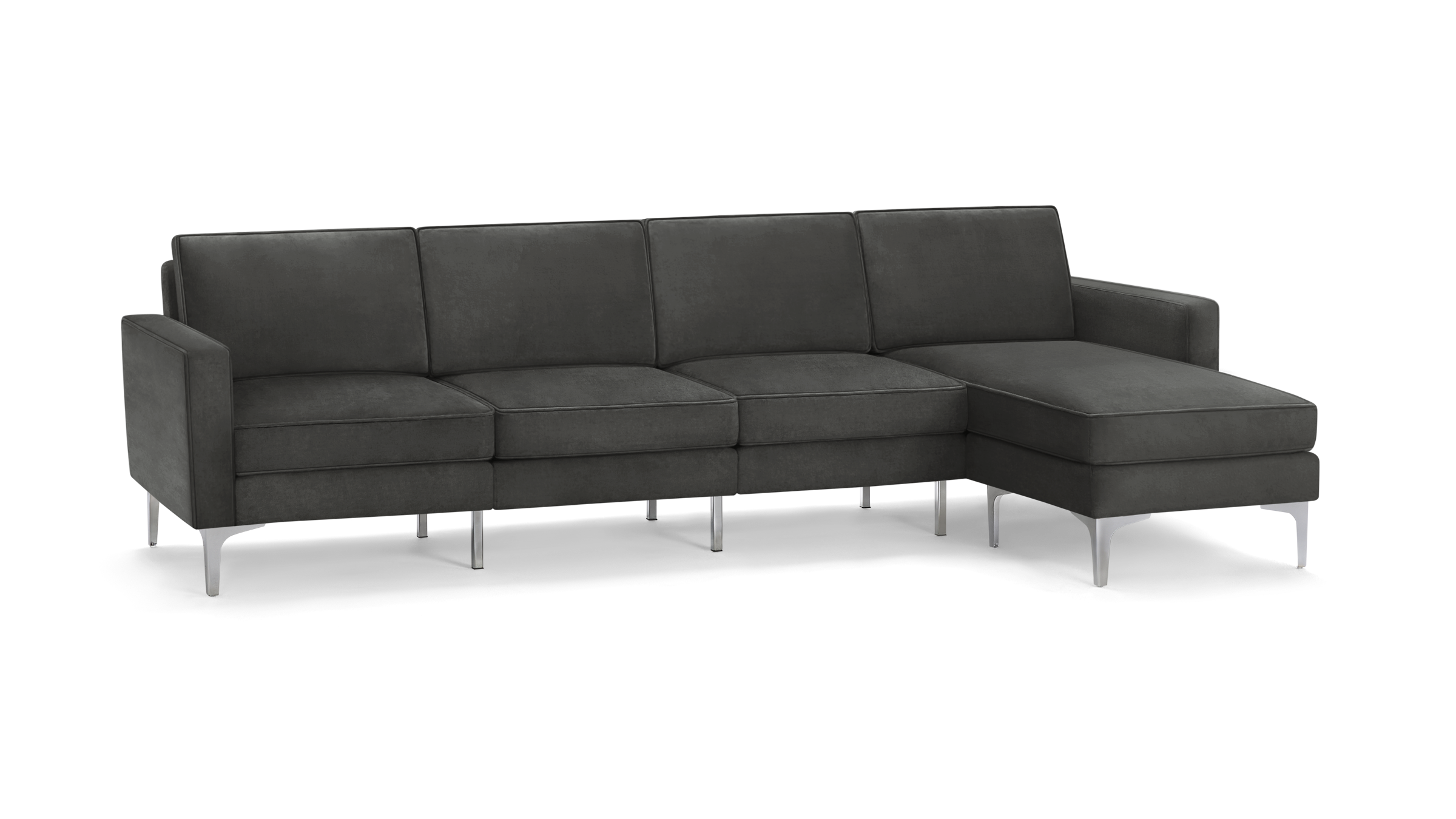 modern dark gray fabric sectional sofa with chaise lounge and matching ottoman, featuring sleek metal legs and clean lines