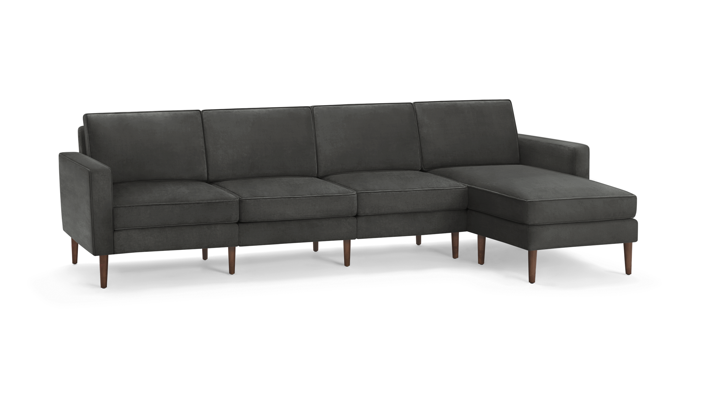 modern dark gray fabric sectional sofa with wooden legs and matching ottoman, featuring clean lines and clean lines on the back