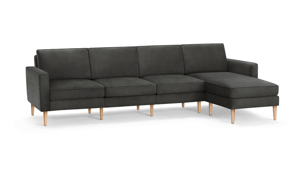 modern dark gray fabric sectional sofa with wooden legs and matching ottoman, featuring clean lines and clean lines on the back