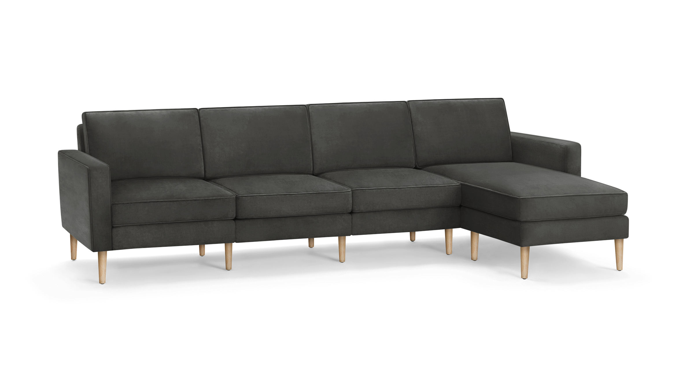 modern dark gray fabric sectional sofa with wooden legs and matching ottoman, featuring clean lines and clean lines on the back