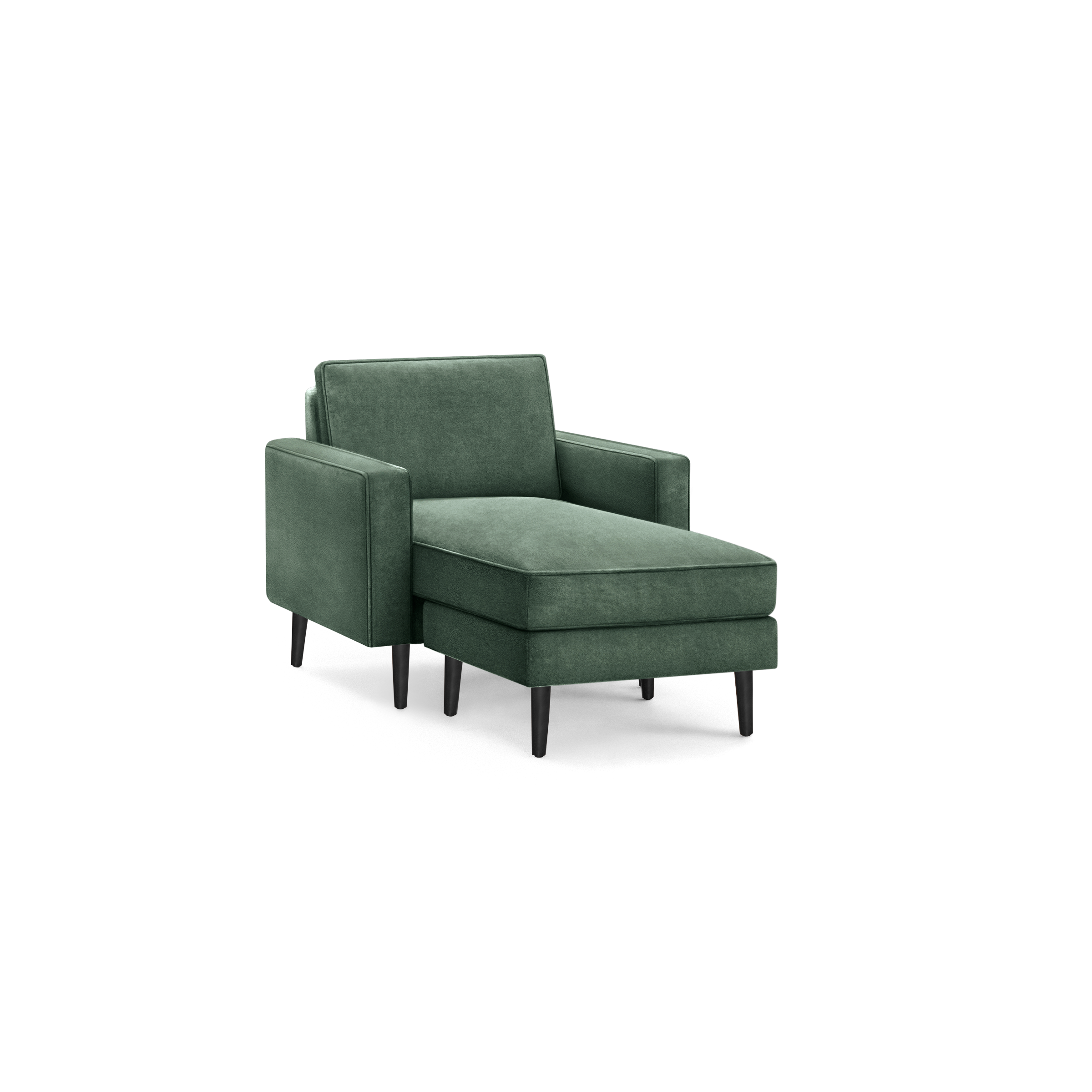 modern dark green upholstered chaise lounge chair with black legs and sleek backrests, featuring a sleek, modern design