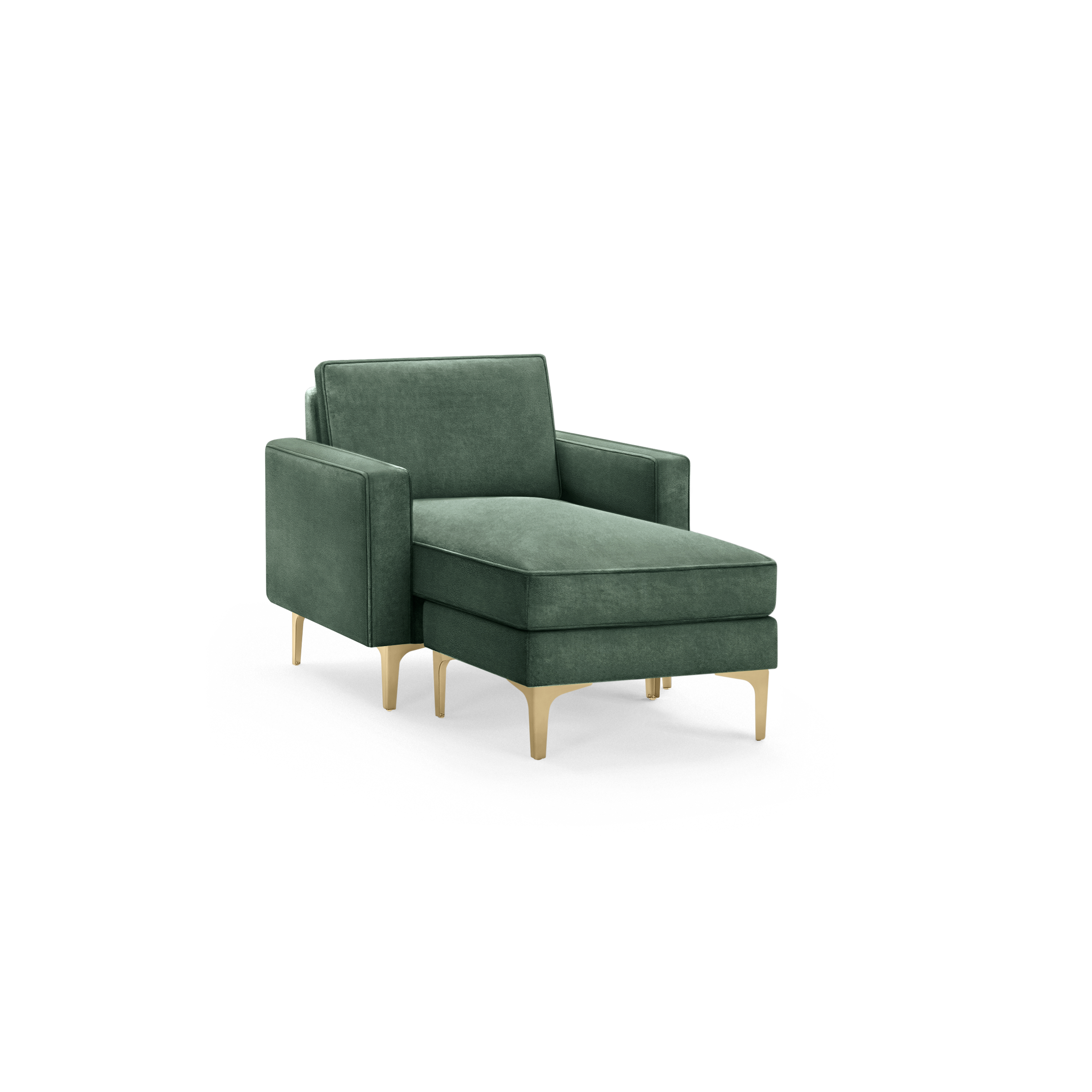modern green velvet upholstered chaise lounge chair with wooden legs and matching ottoman, featuring a sleek, modern design