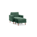 modern green upholstered chaise lounge chair with wooden legs and a sleek backrest, featuring a sleek, modern design