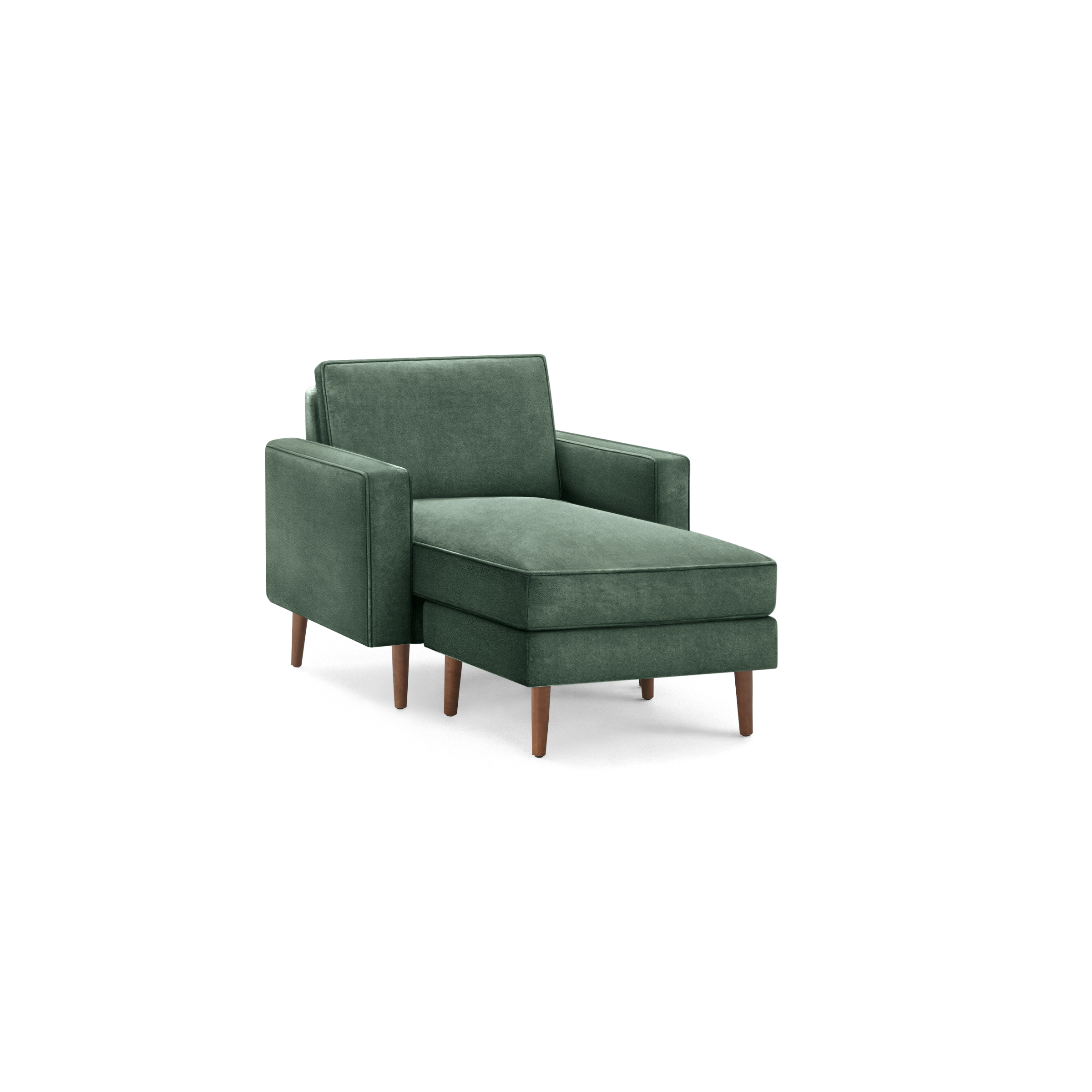 modern green upholstered chaise lounge chair with wooden legs and a sleek backrest, featuring a sleek, modern design