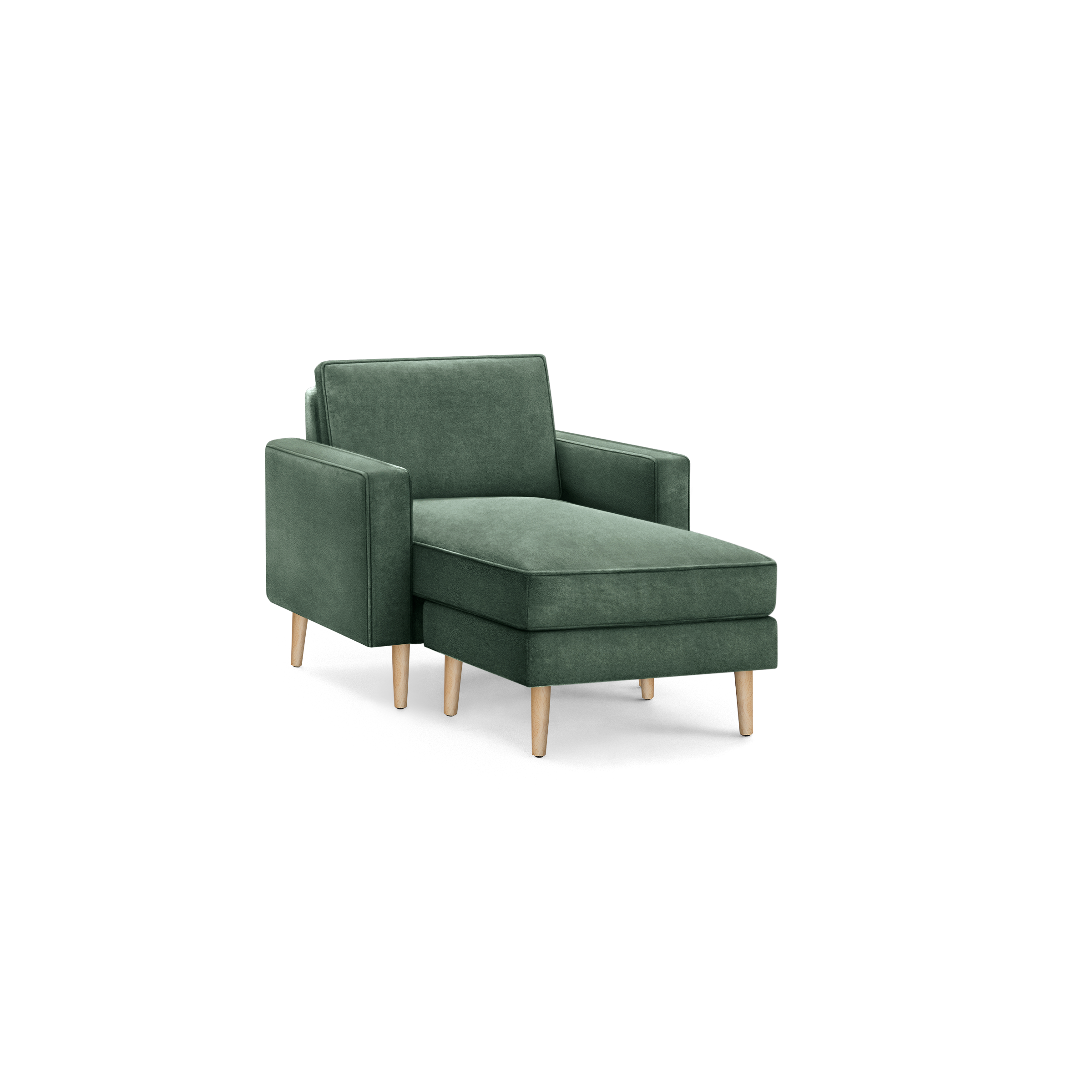 modern green velvet chaise lounge chair with wooden legs and a matching ottoman, featuring a sleek backrest and a sleek backrest