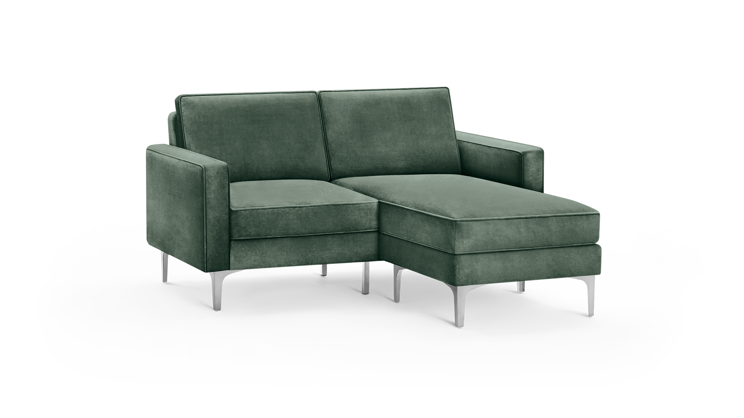 modern green velvet sectional sofa with matching ottoman, featuring sleek metal legs and sleek design