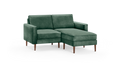 modern green velvet sectional sofa with wooden legs and matching ottoman, featuring a deep - green upholstery, featuring a matching ottoman