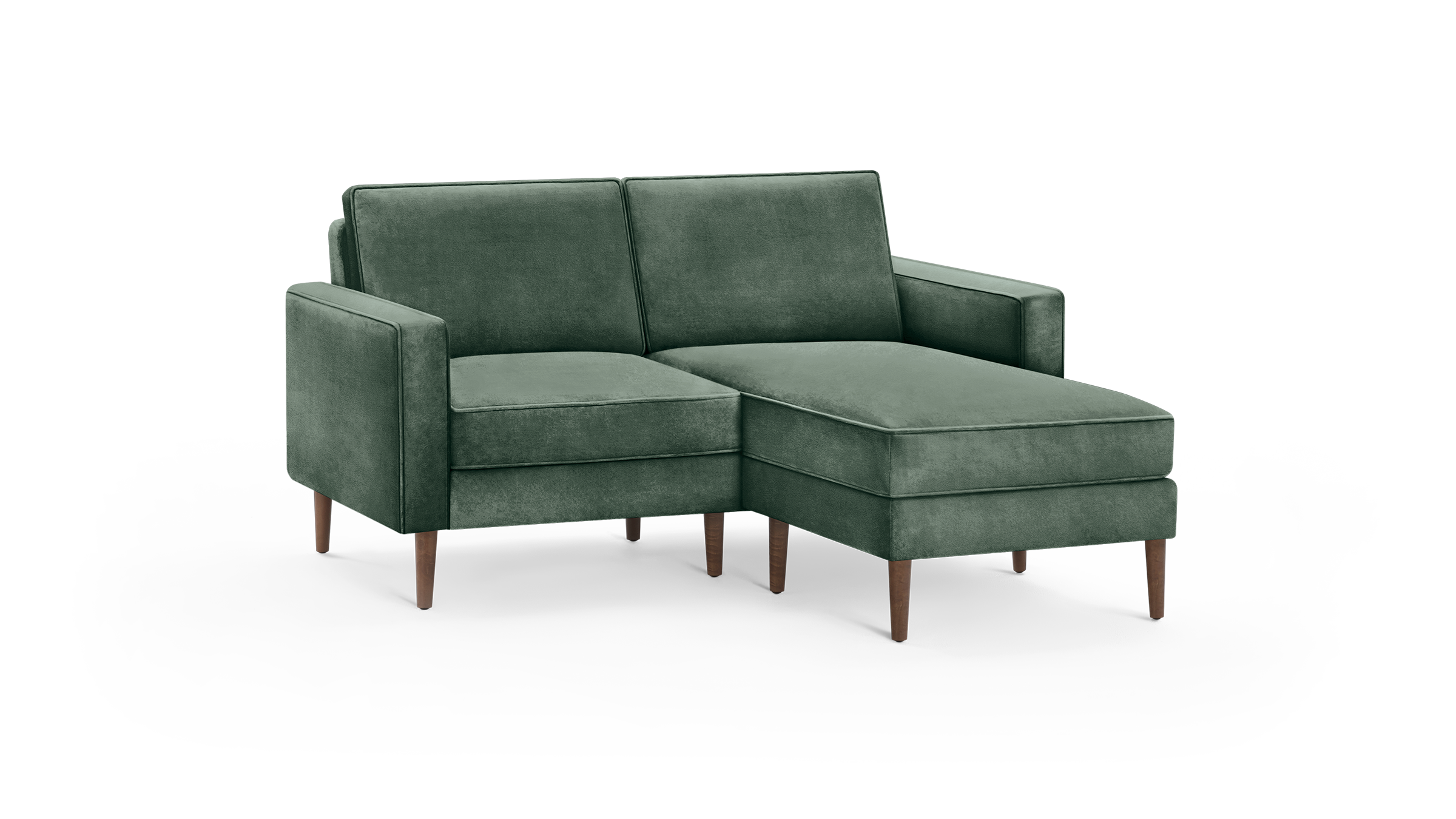 modern green velvet sectional sofa with wooden legs and matching ottoman, featuring a deep - green upholstery, featuring a matching ottoman